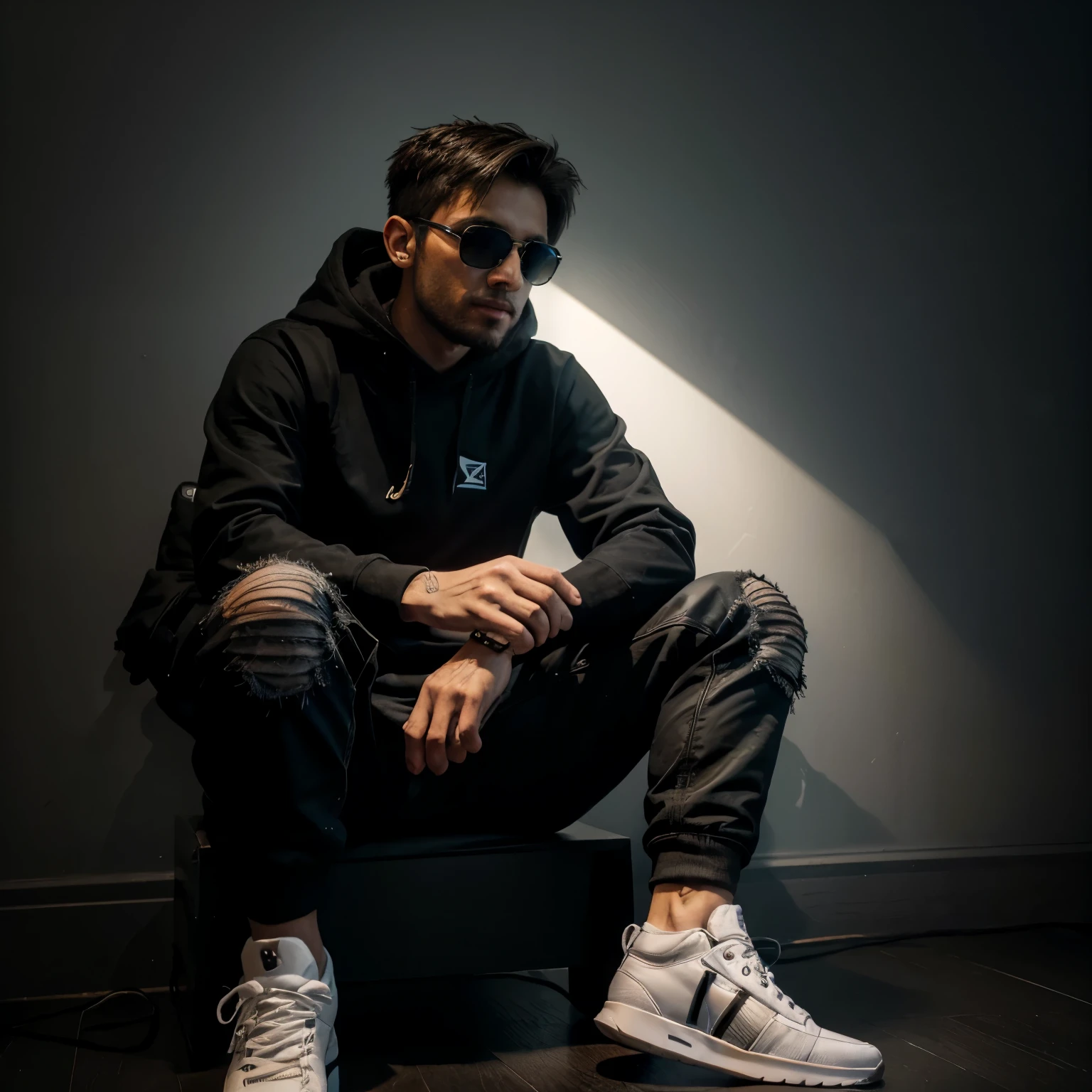 Create a 3D illusion for a profile picture where a 25-Year-old cute boy in a black hoodie Sitting casualy on a Yamaha mt 15 bike
Wearing sneakers, and sunglasses, he looks ahead. The background features "ZUBAIR " in big and capital Yellow neon light fonts on the dark grey wall. and there are wings to make it appear as if he is an angel.