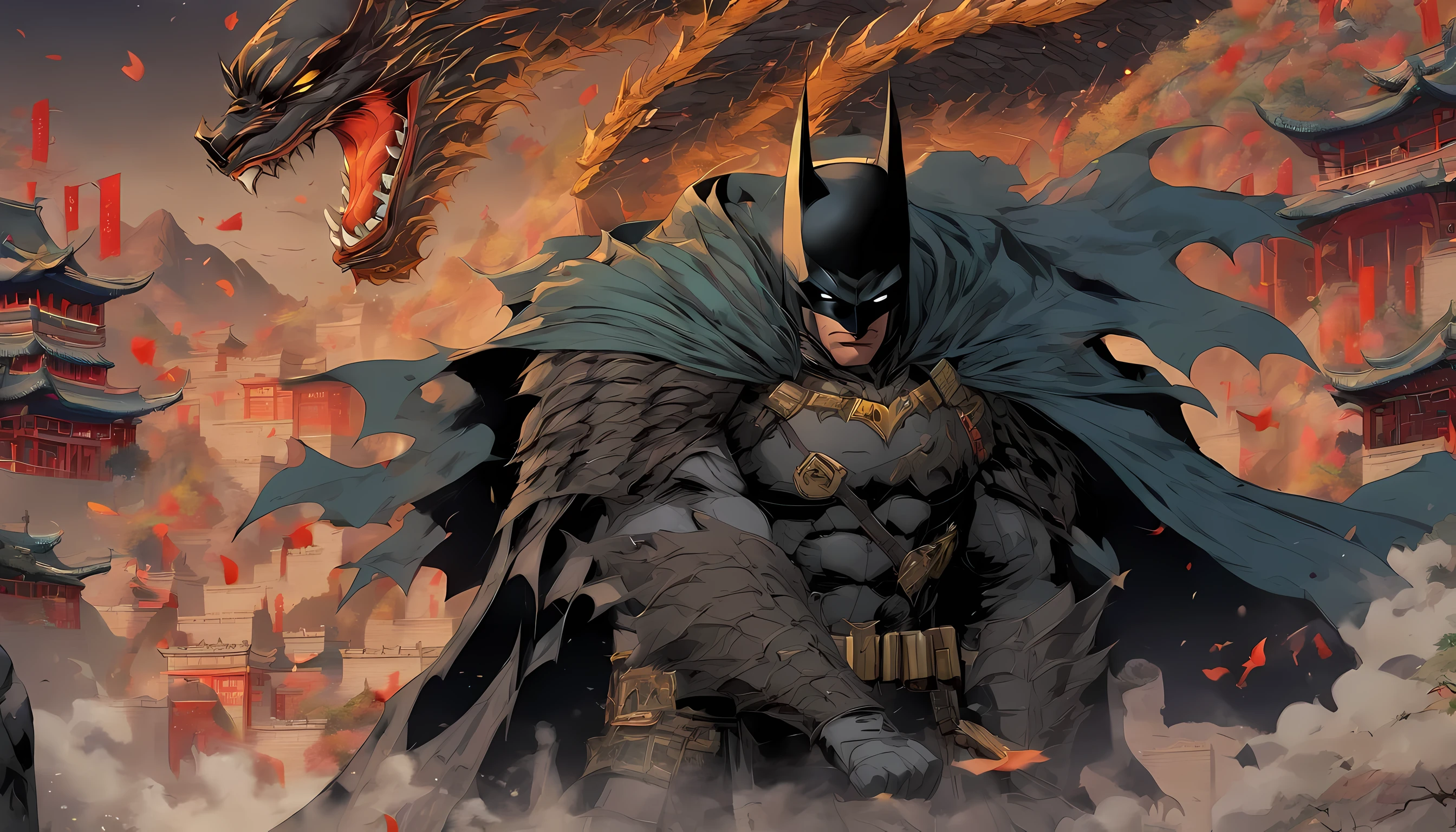 1 man (chinese batman), wearing batman costume but in chinese style, holding a sword, the background is china great wall, there is a dragon behind him, full-body illustration
