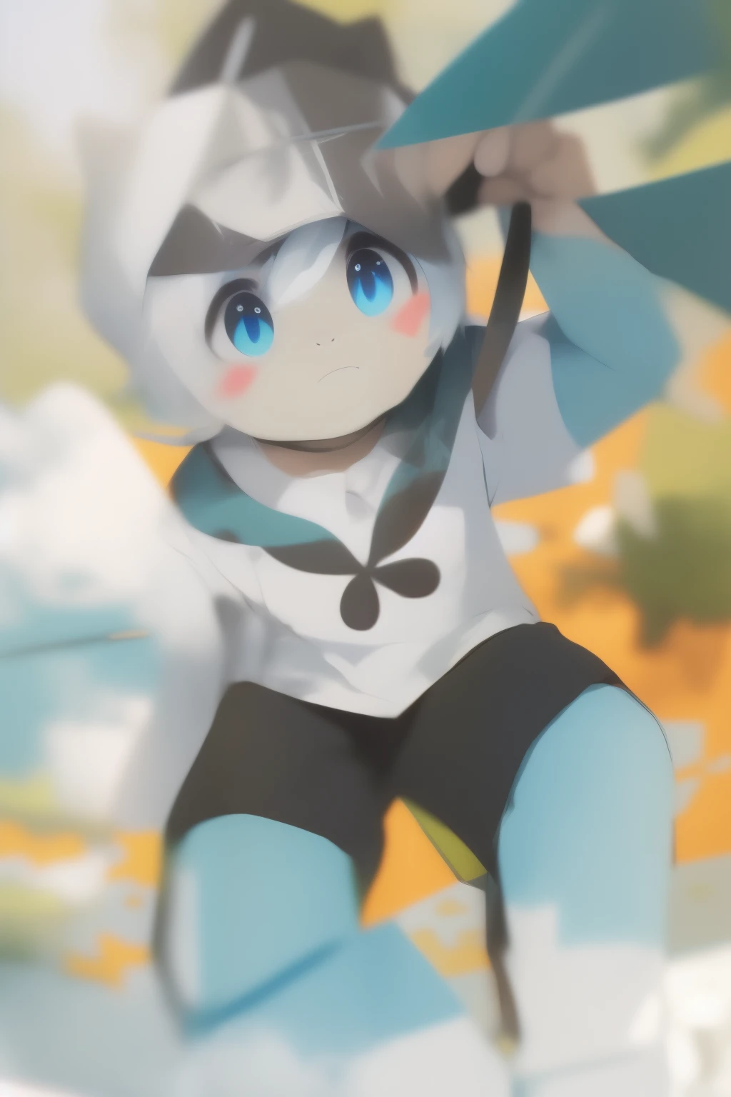 blue eyes、Wear a hat and tie、Anime boy holding green leaves, 2D anime style, Anime cute art style, he wears an eyepatch, Highest rated on pixiv, Produced by Anime Painter Studio, pixiv contest winners, Popular topics on artstation pixiv, by Shitao, pixiv, zero art, official art, fleet collection style