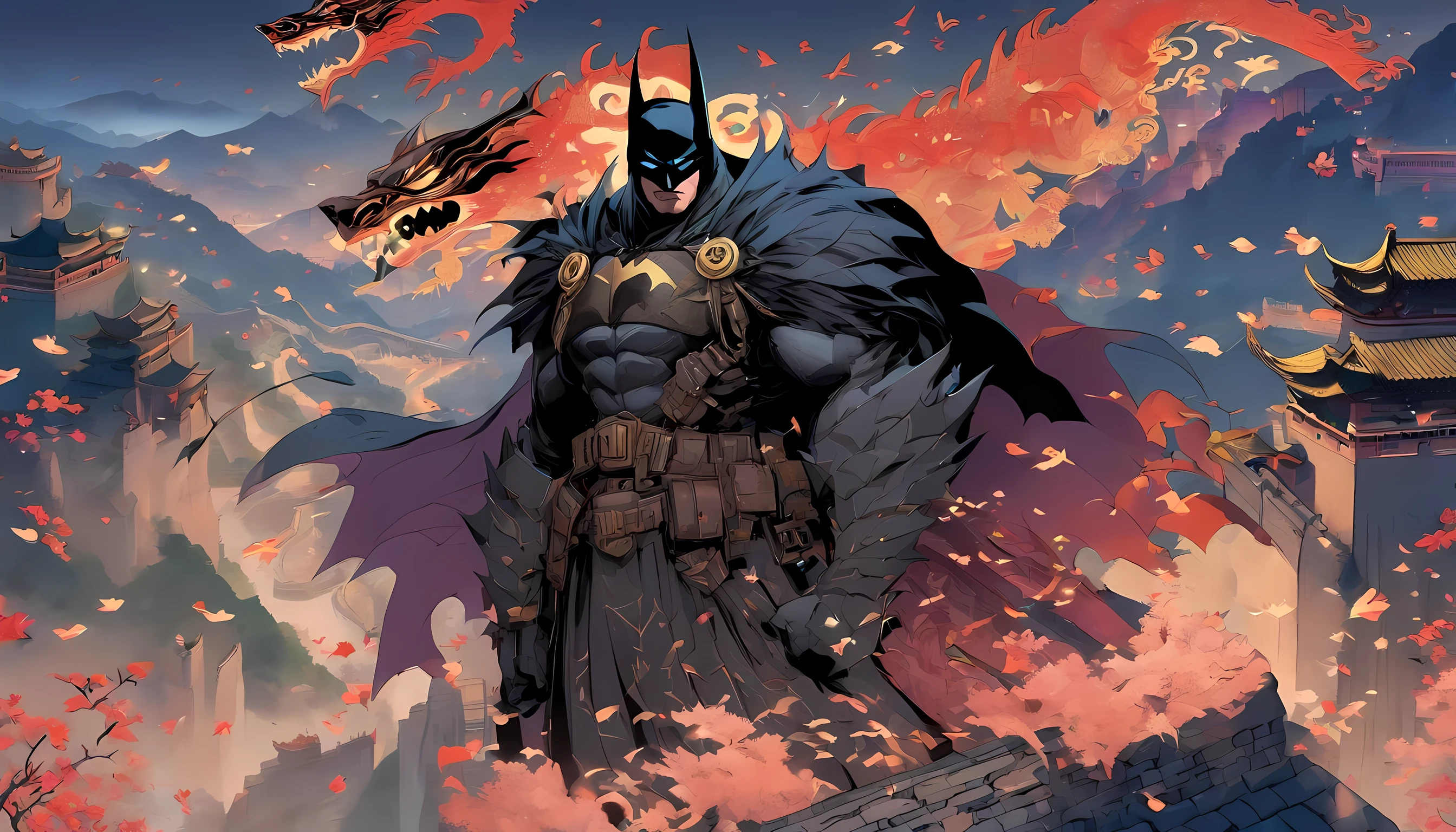 1 man (chinese batman), wearing batman costume but in chinese style, holding a sword, the background is china great wall, there is a dragon behind him, full-body illustration