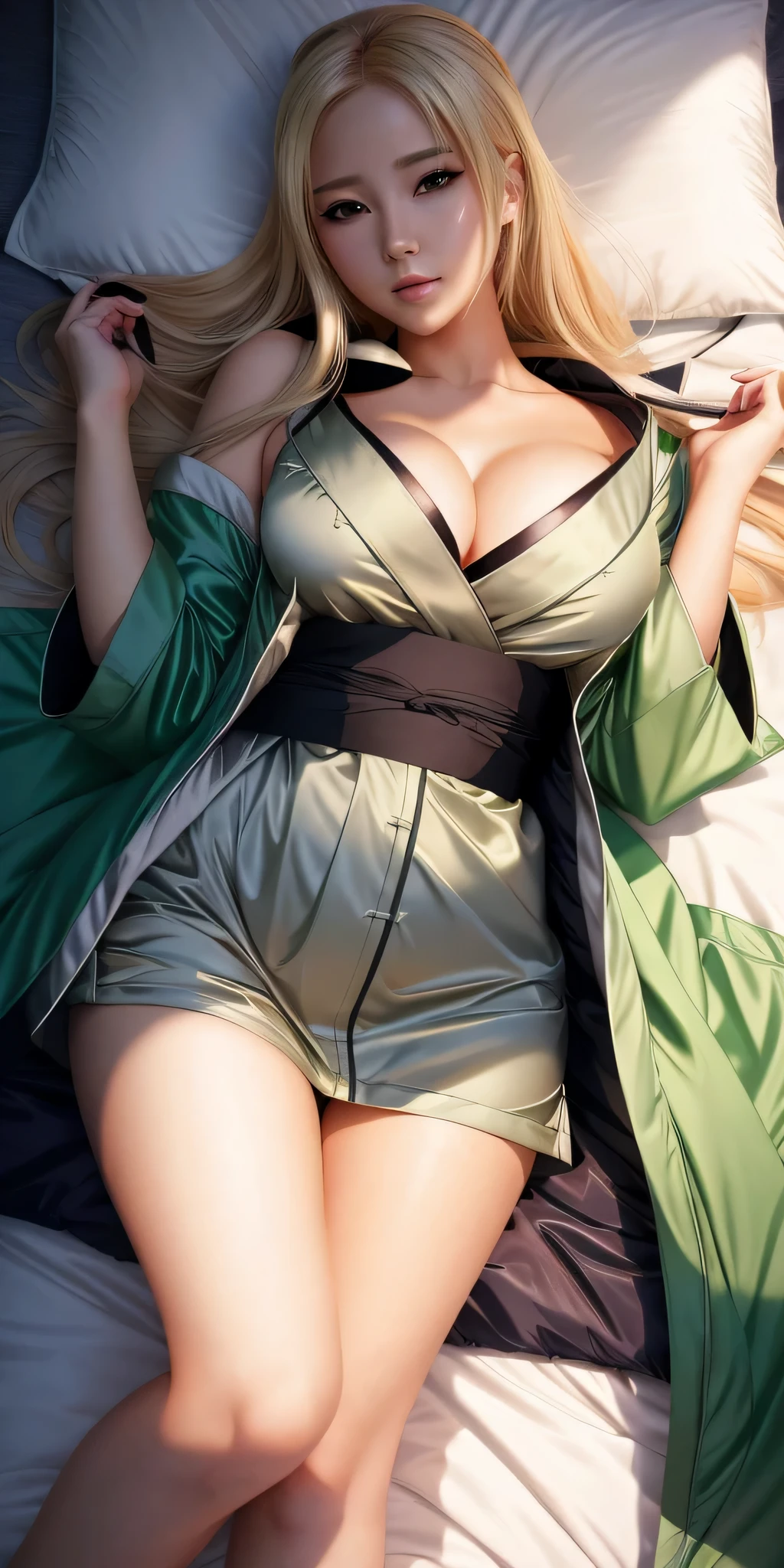a girl laying on a bed with a green jacket and white sheets, tsunade from naruto, seductive anime girl, detailed anime artwork, extremely detailed artgerm, beautiful alluring anime woman, revealing clothes, photorealistic anime, style artgerm, dressed in a green robe, attractive anime girl, detailed anime art, clean detailed anime art