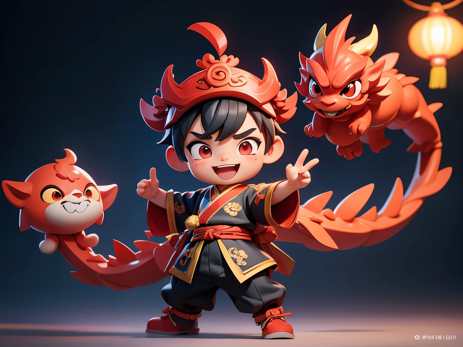 3D ip design, popmat style, blind box toy, A super cute Chinese boy with a traditional Chinese dragon dance, traditional Chinese festival, red, happy, standing pose, front view, studio lighting, clean background, 3D, C4D, blender, redshift, super detalis, --iw 0.1 --ar 9:16 --niji 5 --s 750