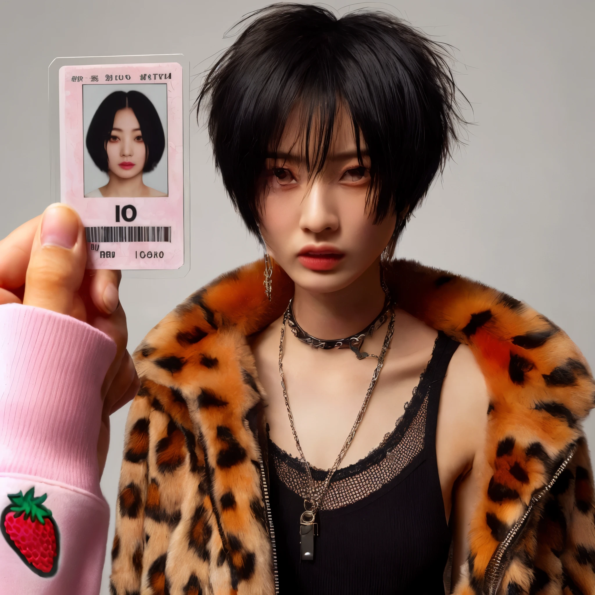 Araffe woman holding a fake identification card with the image of a strawberry., inspirado en Zhu Da, ella lleva ropa de calle, Revista I-D, and - girl, e-chica, ssense, retrato de Jihyo de twice, mujer en ropa de calle, Revista ID, lulú chen, Estilo de Junji Ito, Eiko Ishioka, Nana osaki, Japan, no imperfecciones, Nana osaki, mujer anime, Jihyo twice, twice kpop.