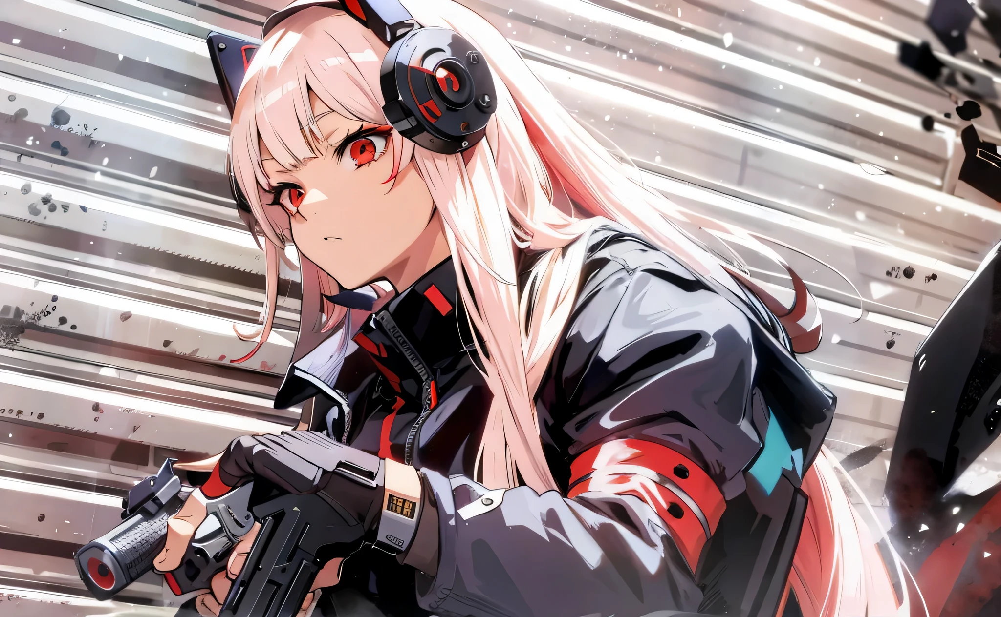 manga girl,red eyes,holding a gun