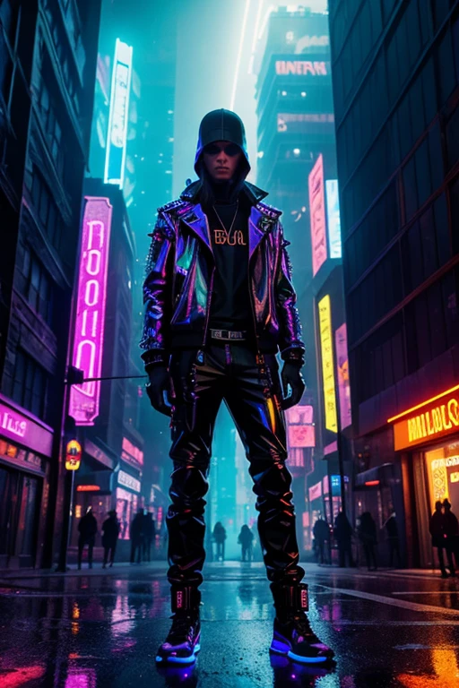 (best quality,ultra-detailed,realistic:1.37),angelic being,posing for camera,cyberpunk,neon lights,modern cityscape,detailed fur,textured background,vibrant colors,striking composition,reflective surfaces,edgy atmosphere,unusual angles,futuristic vibe,elegant pose,nighttime scene,urban environment,sci-fi aesthetic,Dystopian settings,eye-catching visuals,high-tech elements,mysterious ambiance,neon signs,gritty streets,holographic projections,glowing skyscrapers,sleek design,meticulous details,mesmerizing glow,stylized environment,dark shadows,emerging from the darkness,unexpected backdrop,alluring gaze,electric energy,photogenic subject,wet pavement,chromatic aberration,enchanted atmosphere,reflection on wet surfaces,street art,amazing photo opportunity