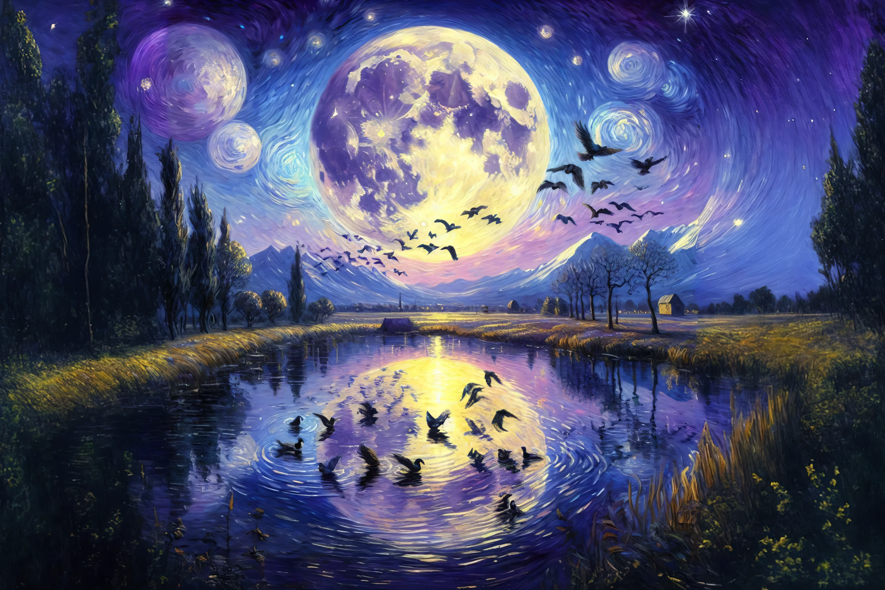 the reflection of bright full moon in the sky in the upon the pond.  beautiful purple sky. Van Gogh Painting style. Oil Canvas. mountains in the back.