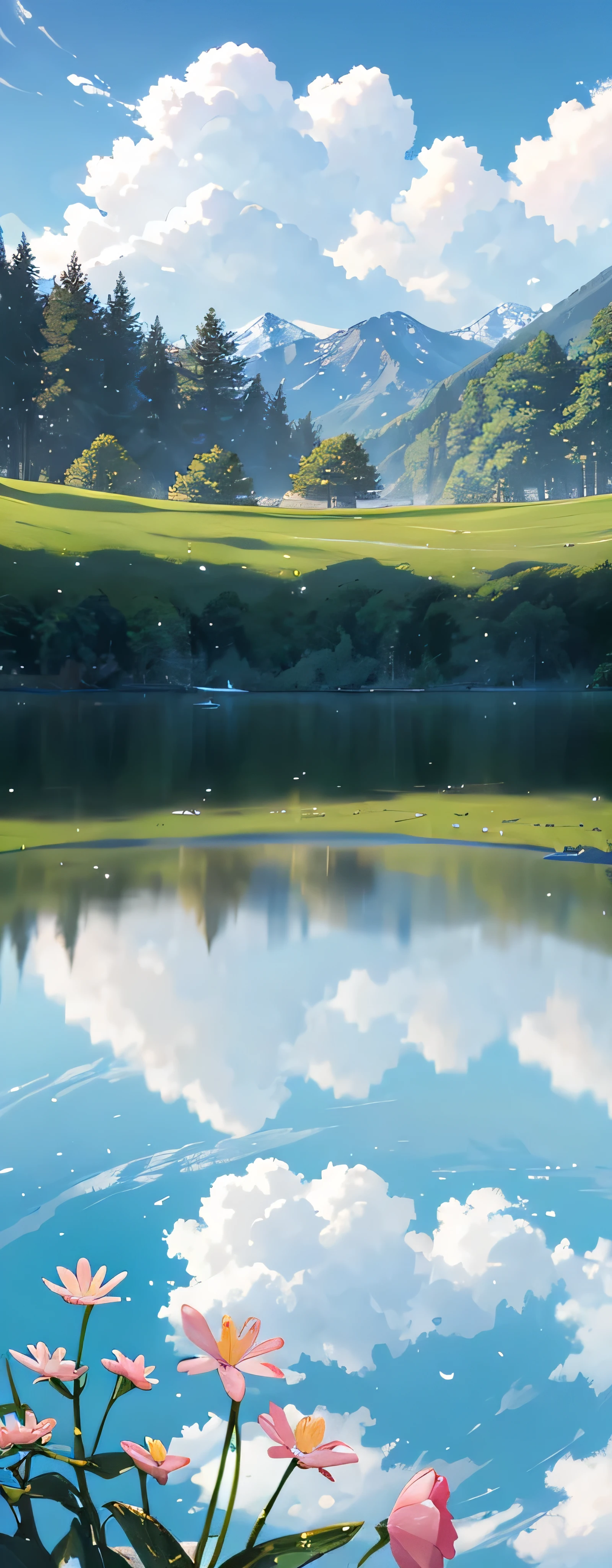 Summer, meadows, few small flowers, clear lakes, heaven, big clouds, blue sky, hot weather, HD detail, wet watermark, hyper-detail, cinematic, surrealism, soft light, deep field focus bokeh, distant is snowy mountains, ray tracing and surrealism. --v6