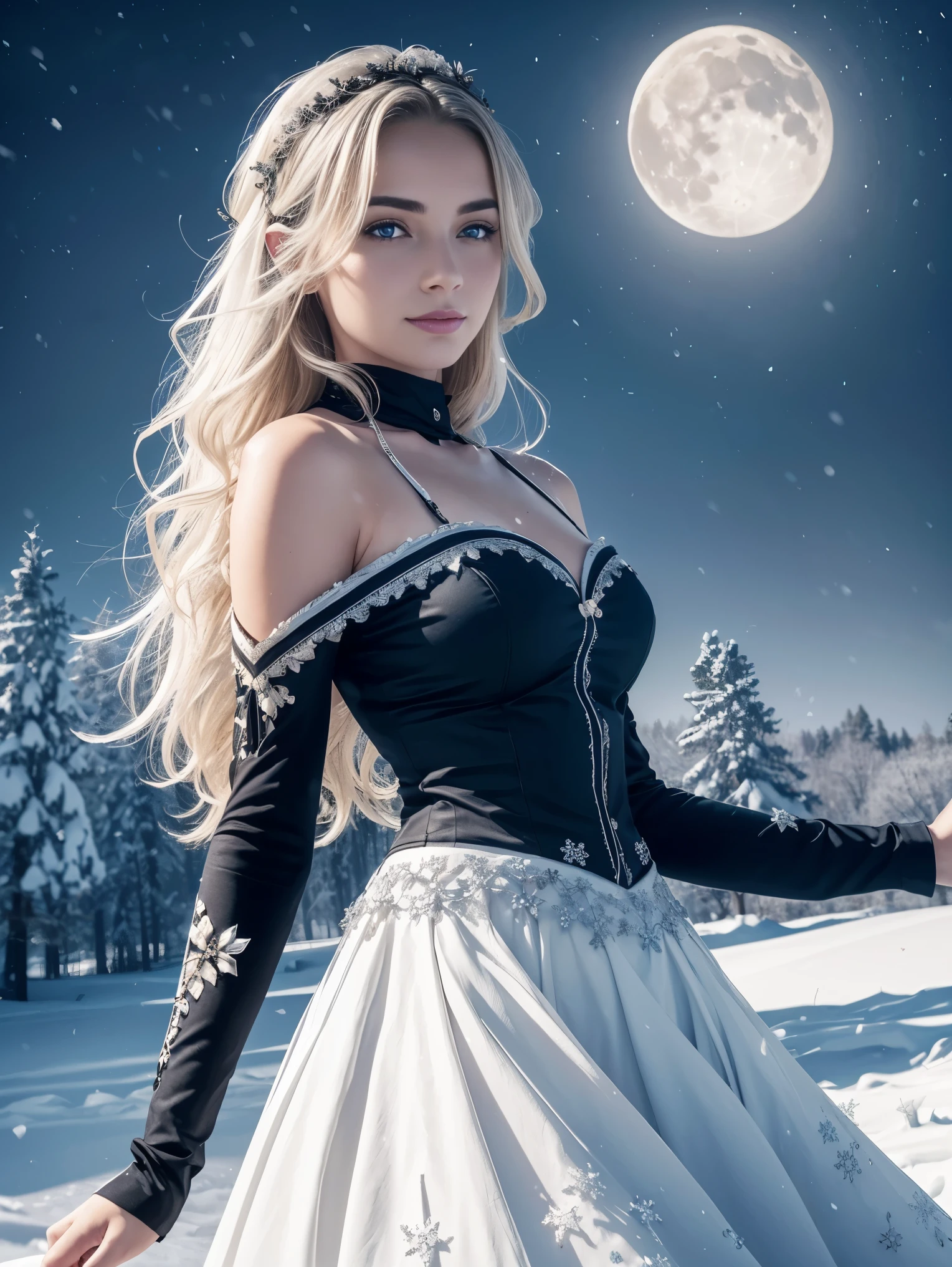 masterpiece, best quality, an ultra hot gorgeous European woman, age 23, (colorful),(finely detailed beautiful eyes and detailed face),cinematic lighting,bust shot,extremely detailed CG unity 8k wallpaper,white hair,solo,smile,intricate skirt,((flying petal)),(Flowery meadow) sky, cloudy_sky, building, moonlight, moon, night, (dark theme:1.3), light, fantasy, (((snowy landscape)))