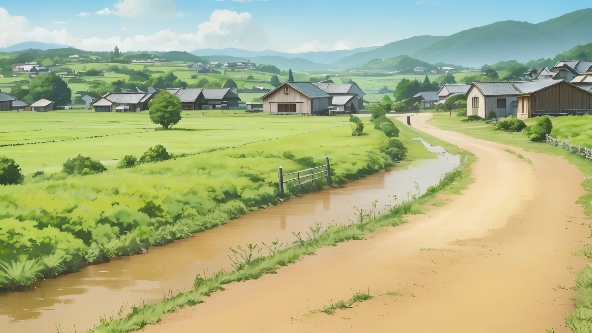 anime scene of a dirt road with a farm in the background, anime countryside landscape, distant village background, anime background art, anime scenery concept art, some houses in the background, studio ghibli environment, anime landscape, anime scenery, japense village in background, anime background, village in the background, japanese countryside, rural japan, studio ghibli smooth concept art, beautiful anime scenery