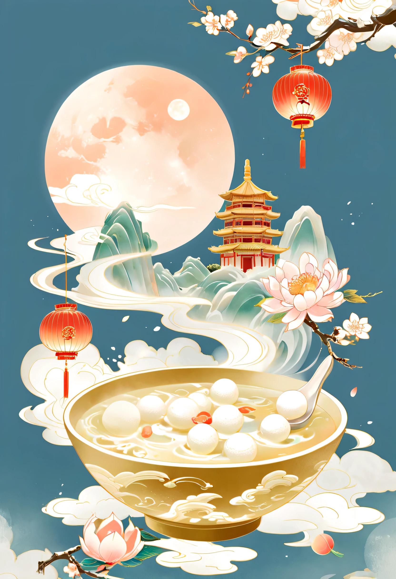 Beautiful pictures, fine lines，(Golden section composition), (golden ratio),Minimalism，Mountain, lantern, Xiangyun, peach blossom, Kongming lantern,There is a white ball in the spoon，There are many white balls in the bowl, ancient building, full moon, Chinese trend, Lantern Festival, Chinese style, Chinese style illustration, illustration, Cartoon sense, White background, simple background（flat illustration：1.4），national style，Chinese style，GCCH，blue，it was
