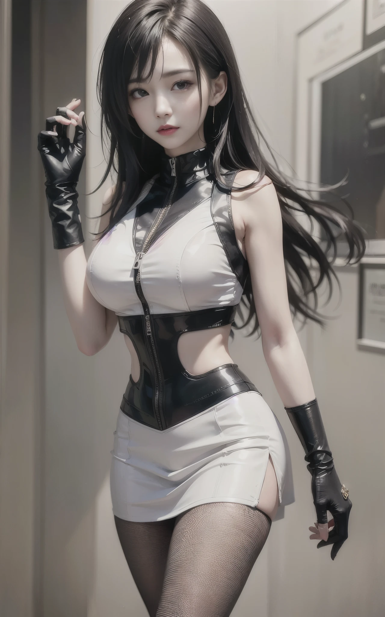 best quality，master piece，High resolution，(beautiful face)，looking at the viewer，Are standing，（（Half body）），（（White vest）），（（black leather skirt）），Hands in gloves，right arm hanging down