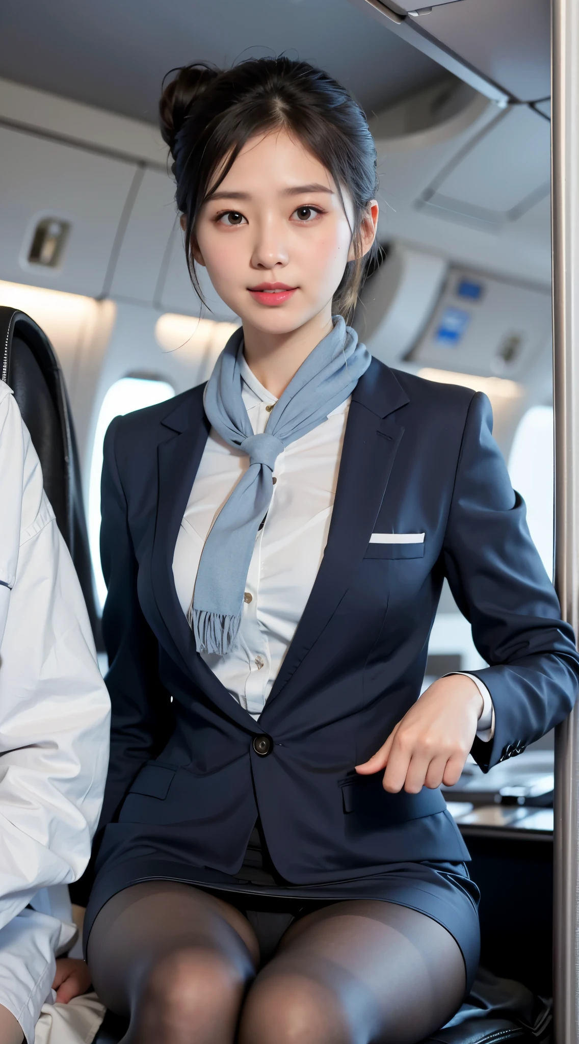 (High quality、high details、8k)、((stewardess))、ANA、(Hair up、chignon、Bun、Night party roll、french twist、light gray jacket 5、white and blue shirt 5、dark gray tight skirt 10、blue line 5、blue scarf 5、black pantyhose 6、white panties、between legs、underwear 、nipple、female organ)、(Japanese beauty、Beautiful appearance、double eyelids、adorable smile)、Slightly open legs、"stewardess、On the plane、Wearing black pantyhose、、"26year-old beautiful Japanese wom1an,
wearing flight attendant costume,
full body,
ultra realistic photo
Negative prompt: (weird:1.2) and destroy face,
text, mark,mini skirt