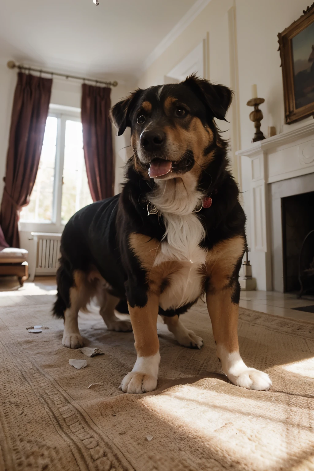 Dog in the mansion,The dog takes up a quarter of the picture