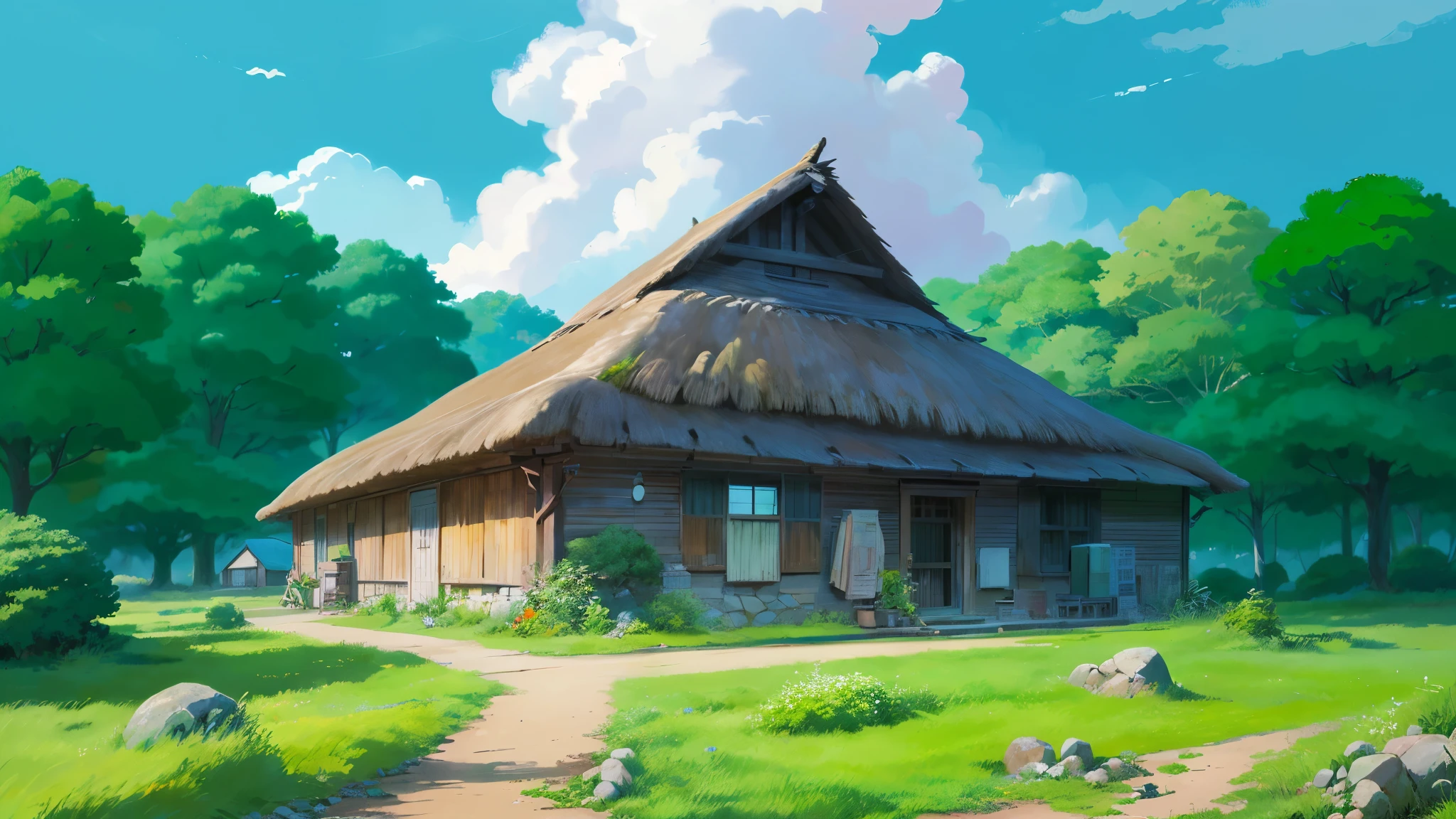 anime scenery of a house in a forest with a thatched roof, anime countryside landscape, anime background art, ghibli artstyle, style of hayao miyazaki, ghibli art style, studio ghibli artstyle, hayao miyazaki style, anime scenery concept art, studio ghibli art style, anime background, studio ghibli environment, ghibli studio anime style