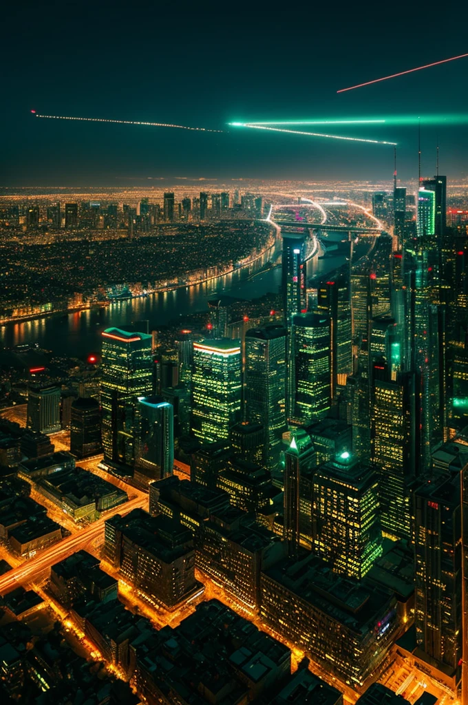 (masterpiece) Cyberpunk-style city, Illuminated sky, neon light, Image seen from scratch, A wide landscape, future city