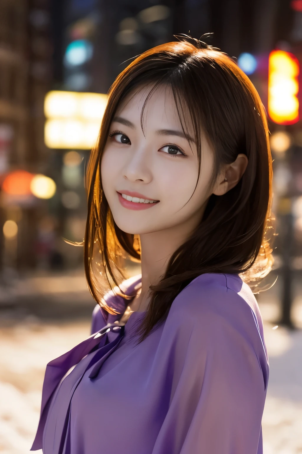 1 girl, (Wearing a purple blouse:1.2), Beautiful Japan actress,
(RAW photo, highest quality), (realistic, Photoreal:1.4), masterpiece, 
very delicate and beautiful, very detailed, 2k wallpaper, wonderful, 
finely, very detailed CG Unity 8K 壁紙, Super detailed, High resolution, 
soft light, beautiful detailed girl, very detailed目と顔, beautifully detailed nose, beautiful and detailed eyes, cinematic lighting, 
break
(Against the backdrop of a snowy night cityscape 1.3), city lights, 
perfect anatomy, slender body, smile, Face the front completely, look at the camera