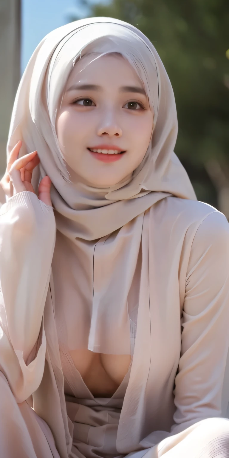 ((Best quality, 8k, Masterpiece :1.37)), (wear hijab girls), girl wear hijab muslim, face bukkake, 18 years old girls, lips smile, detailed face, Beautiful detailed eyes, detailed nose, Natural Lip, (lips smile), Wear hijab moslem, fancy jubba thobbe, photo full body, view of the blue sky, close-up photo, (UndressingNude), (Pussy Detailed), small breasts, realistic Vagina, (hairy pussy:1.1), backround people hijab