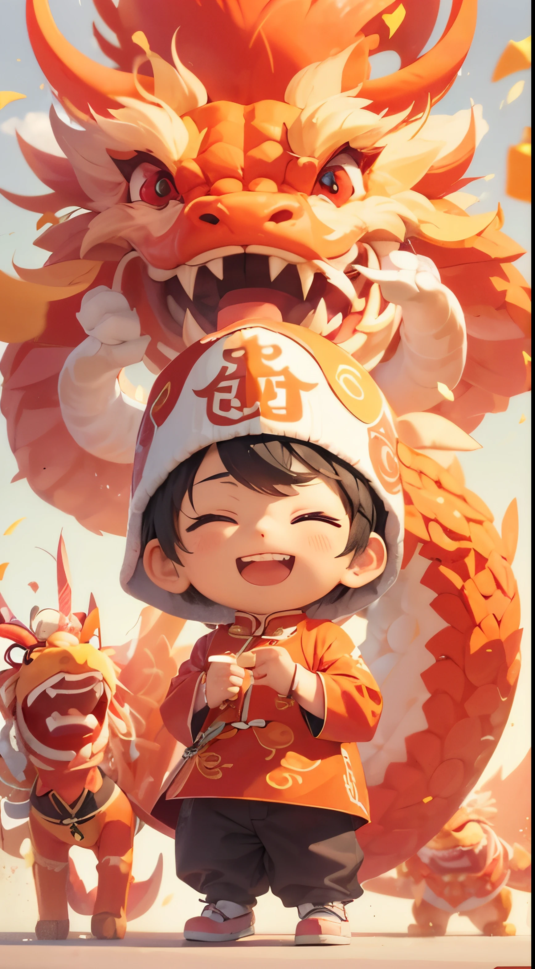 Popular pad style, blind box toys, Super cute Chinese boy dancing traditional Chinese dragon dance, Chinese traditional festivals, Red, happy, standing posture, Front view, studio lighting, clean background