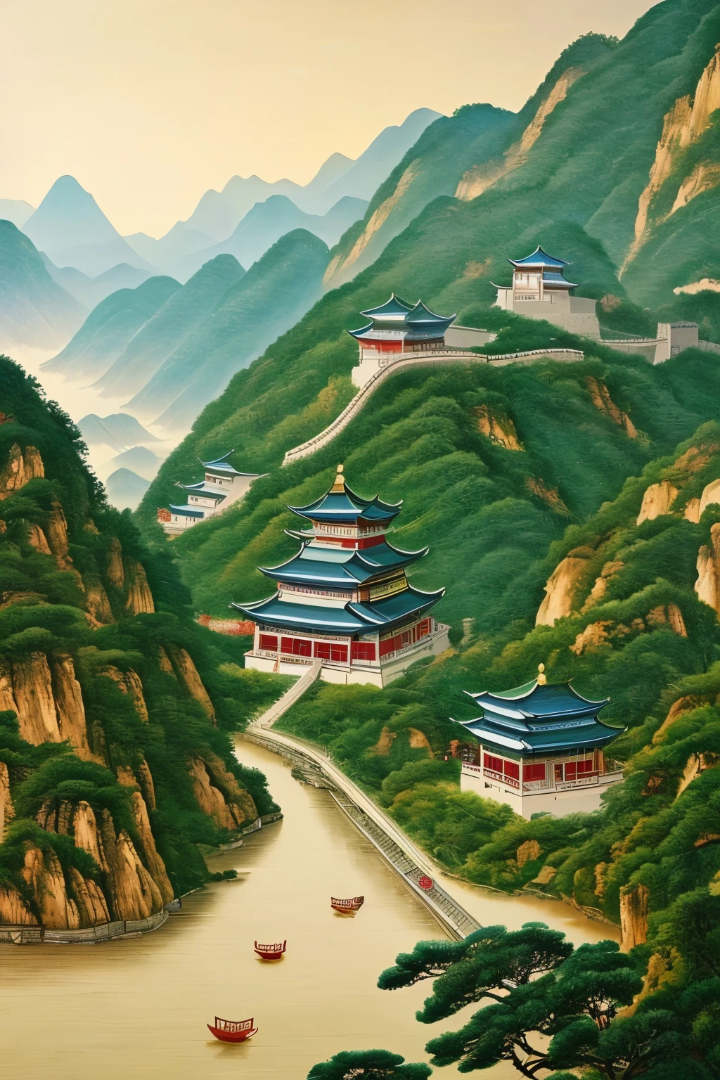 A majestic Chinese landscape painting, grandly encapsulating the rich historical, cultural, scientific, and technological achievements of China from ancient times to modern days. macroscopically, the painting showcases iconic landmarks and monumental structures, such as ancient temples, palaces, and the Great Wall, intricately designed and meticulously rendered. Culturally, the painting brings to life the vibrant and intricate details of Chinese art, from calligraphy to painting, and traditional clothing and festivities. Scientifically and technologically, the painting illustrates milestones like the invention of paper and gunpowder, and the advancements in astronomy and engineering. Substantial and ambitious in