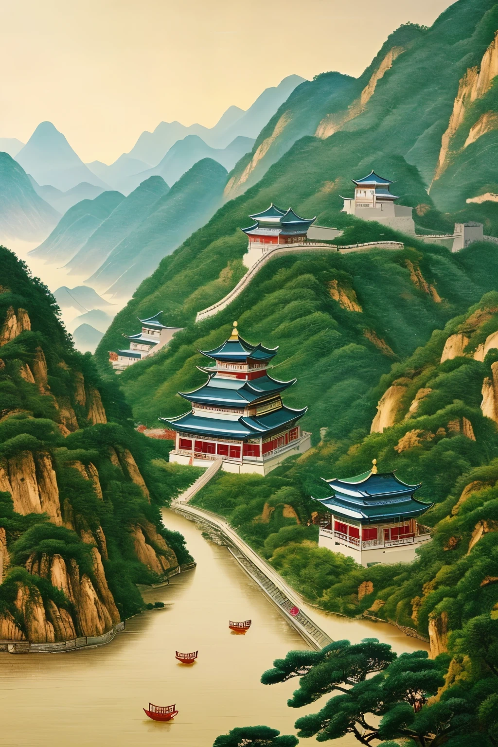 A majestic Chinese landscape painting, grandly encapsulating the rich historical, cultural, scientific, and technological achievements of China from ancient times to modern days. macroscopically, the painting showcases iconic landmarks and monumental structures, such as ancient temples, palaces, and the Great Wall, intricately designed and meticulously rendered. Culturally, the painting brings to life the vibrant and intricate details of Chinese art, from calligraphy to painting, and traditional clothing and festivities. Scientifically and technologically, the painting illustrates milestones like the invention of paper and gunpowder, and the advancements in astronomy and engineering. Substantial and ambitious in