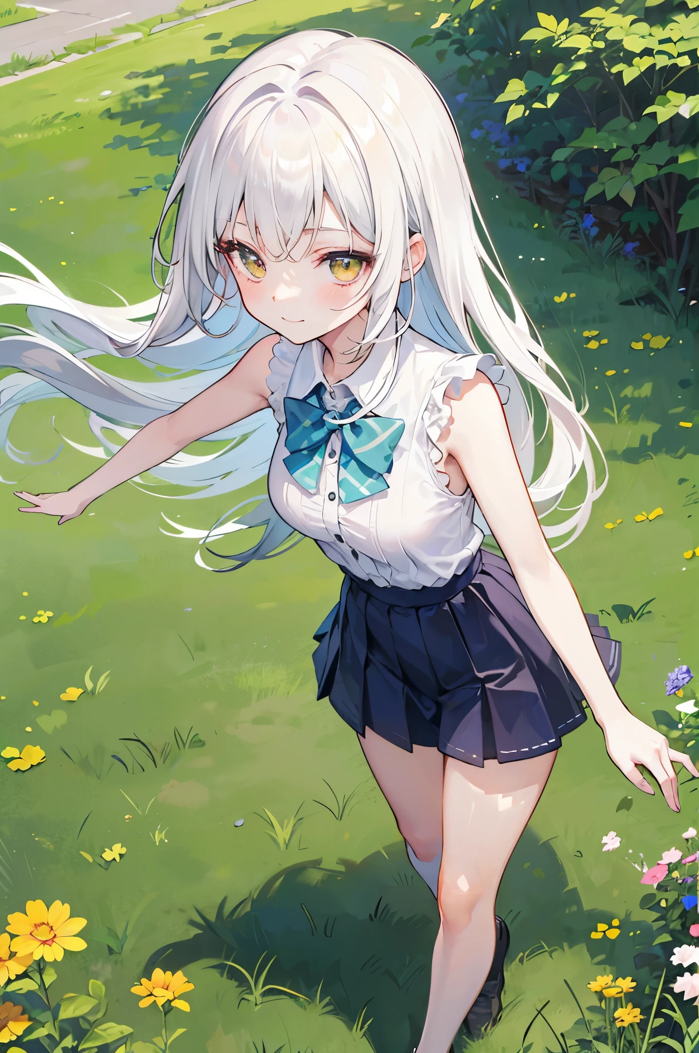 white haired young woman, 7 ,;;;;;;;;, golden eyes, long hair,Green braid tied in bows left and right.........,, Wear a blue sleeveless shirt......button up.  white short skirt, walking on grass...With a slightly smiling face...Two finger pose