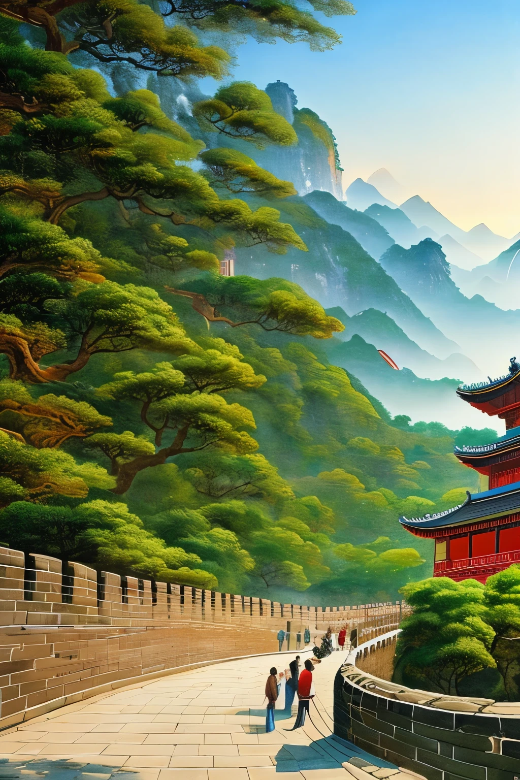 A majestic Chinese landscape painting, grandly encapsulating the rich historical, cultural, scientific, and technological achievements of China from ancient times to modern days. macroscopically, the painting showcases iconic landmarks and monumental structures, such as ancient temples, palaces, and the Great Wall, intricately designed and meticulously rendered. Culturally, the painting brings to life the vibrant and intricate details of Chinese art, from calligraphy to painting, and traditional clothing and festivities. Scientifically and technologically, the painting illustrates milestones like the invention of paper and gunpowder, and the advancements in astronomy and engineering. Substantial and ambitious in