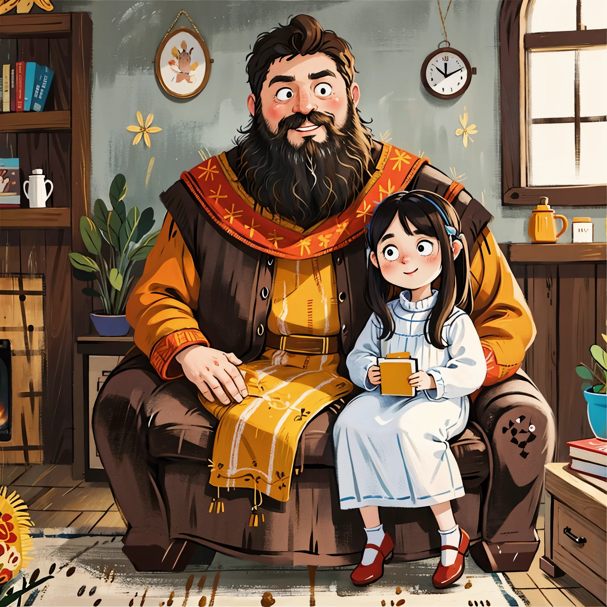 Crayon painting, abstract, a home full of love and warmth, a bearded father sitting on the sofa, holding a 5-year-old boy, gentle mother standing beside him, smiling, medieval clothing, living room, sofa, carpet, wooden floor, children's illustration, illustration book, style reference Anthony Browne, writer Anthony Browne, white background