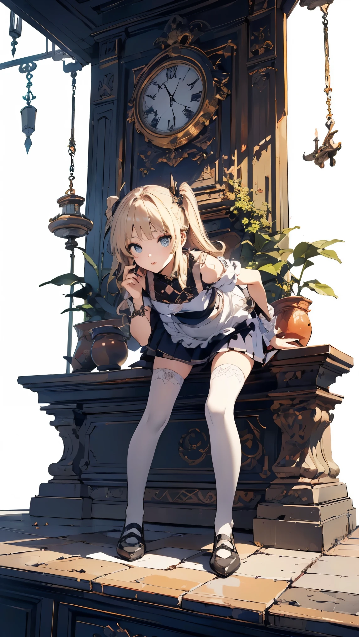 (master piece, high-quality, Mystical, ideal ratio of body proportions), (ultra high resolution, 8K RAW photo, photorealistics, natural lighting, textile shading), wideshot photo:1.6, (1 beautiful anime girl:1.3, 16 years old, solo:1.5, milf:1.5, nsfw:1.25, full body:1.3), shinny skin, BREAK, ((alice in the wonderland:1.3, cuty, kawaii, lovely, funny, a girl falling down from sky:1.5, flying girl in sky:1.5, girl is floating in air:1.1, rolling up skirt by wind:1.5, (shamed:1.3), surprising, putting hands on crotch with apron:1.35)), BREAK, ((PlayingCards, Trump, tea cup, tea pot, tea spoons, small clock:1.3, lip sticks, candies:1.2, cookies, jam bottles, keys)), ((Royal-Blue dress :1.5, wearing long flaired skirt with blowing:1.3, White Apron, white stockings)), (medium long platinum-blonde hair:1.2, twin tail hair:1.6, tied hair with a large ribbon), (Blue eyes, bright pupils with highlights, detailed eyes), (lying down on your back:1.4, leaning forward:1.2, spreading legs with rising up straight:1.5), ((dutch angle:1.5, full body:1.3, crotch focus:1.3, from below:1.5, unbalance posture)), cinematic image, Exotic wallpapers, colorful, pop art, fantastic art, (fantasy image:1.5), ((correct anatomy:1.5, perfect anatomy:1.3, correct hand, small foot:1.2)),