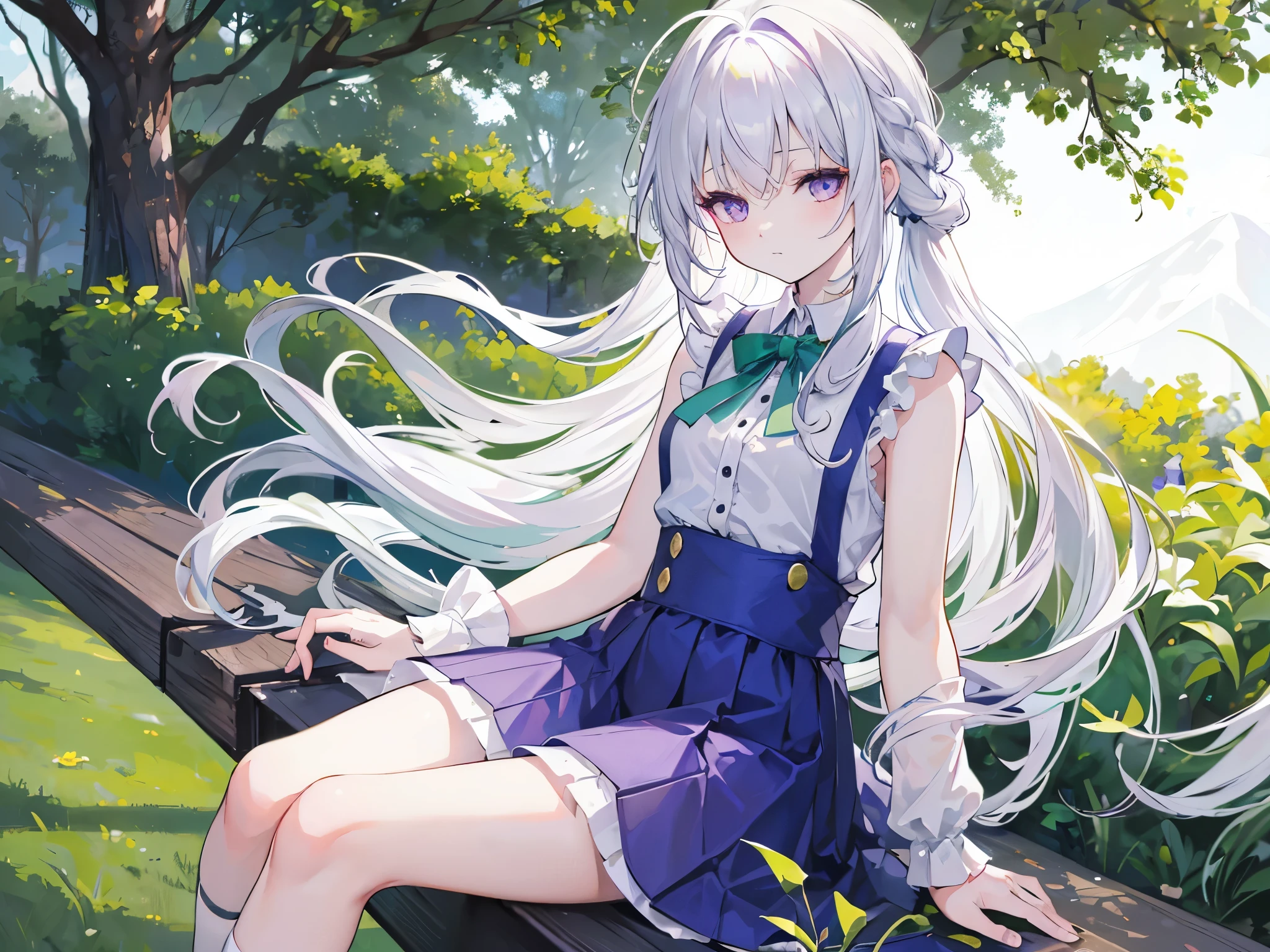 white haired young woman, 7 years old,;;;;;;;;, purple eyes, long hair,Green braid tied in bows left and right.........,, Wear a blue sleeveless shirt......button up. white short skirt, sitting on the grass...With a face that closed its eyes