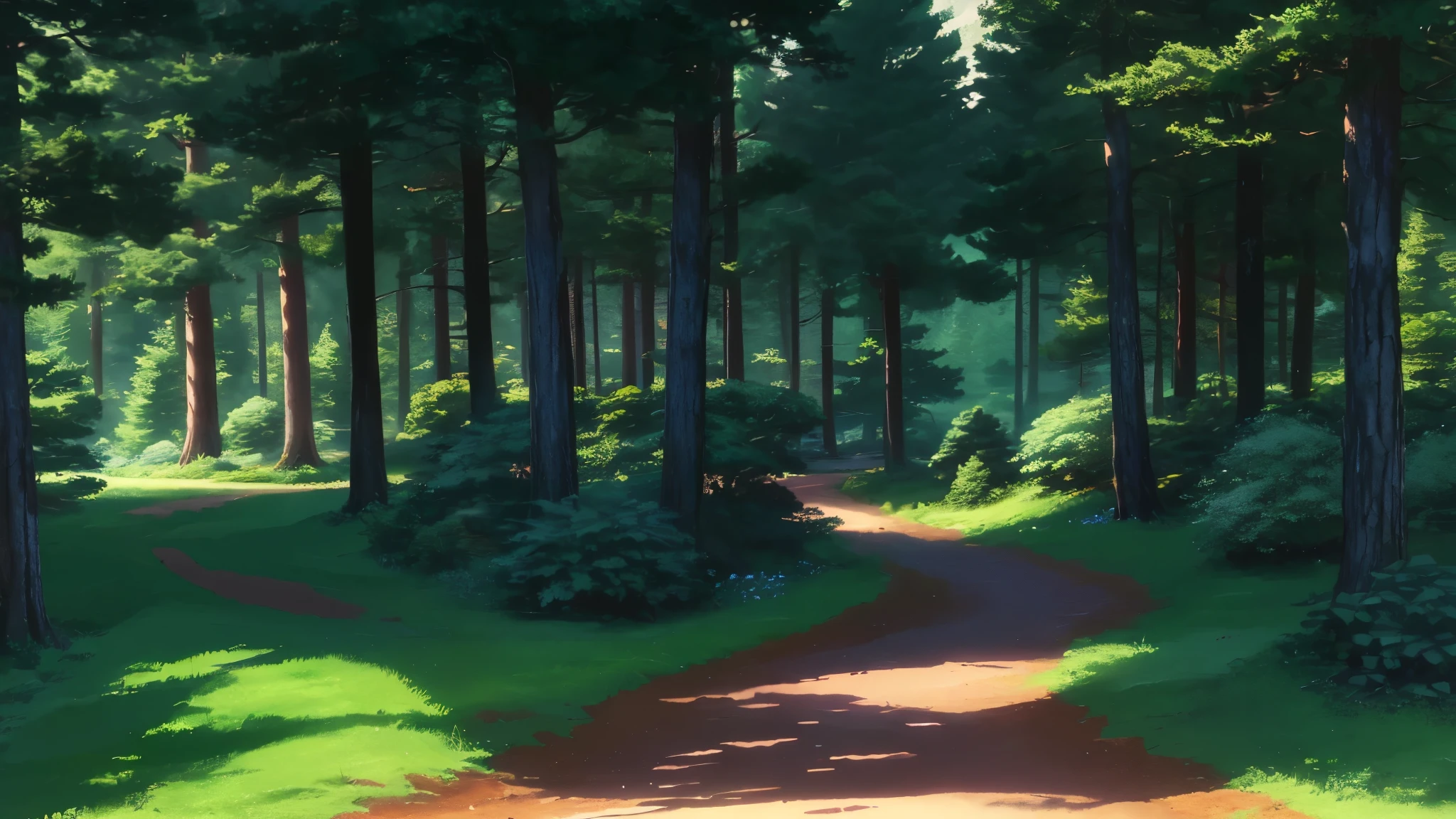 there is a painting of a path in a forest with trees, forest backdrop, anime background art, anime background, anime lush john 8k woods, forest setting, peaceful lushious forest, anime scenery, magical forest in the background, anime nature wallpap, beautiful anime scenery, forest outside, anime countryside landscape, forrest background, forest in the background