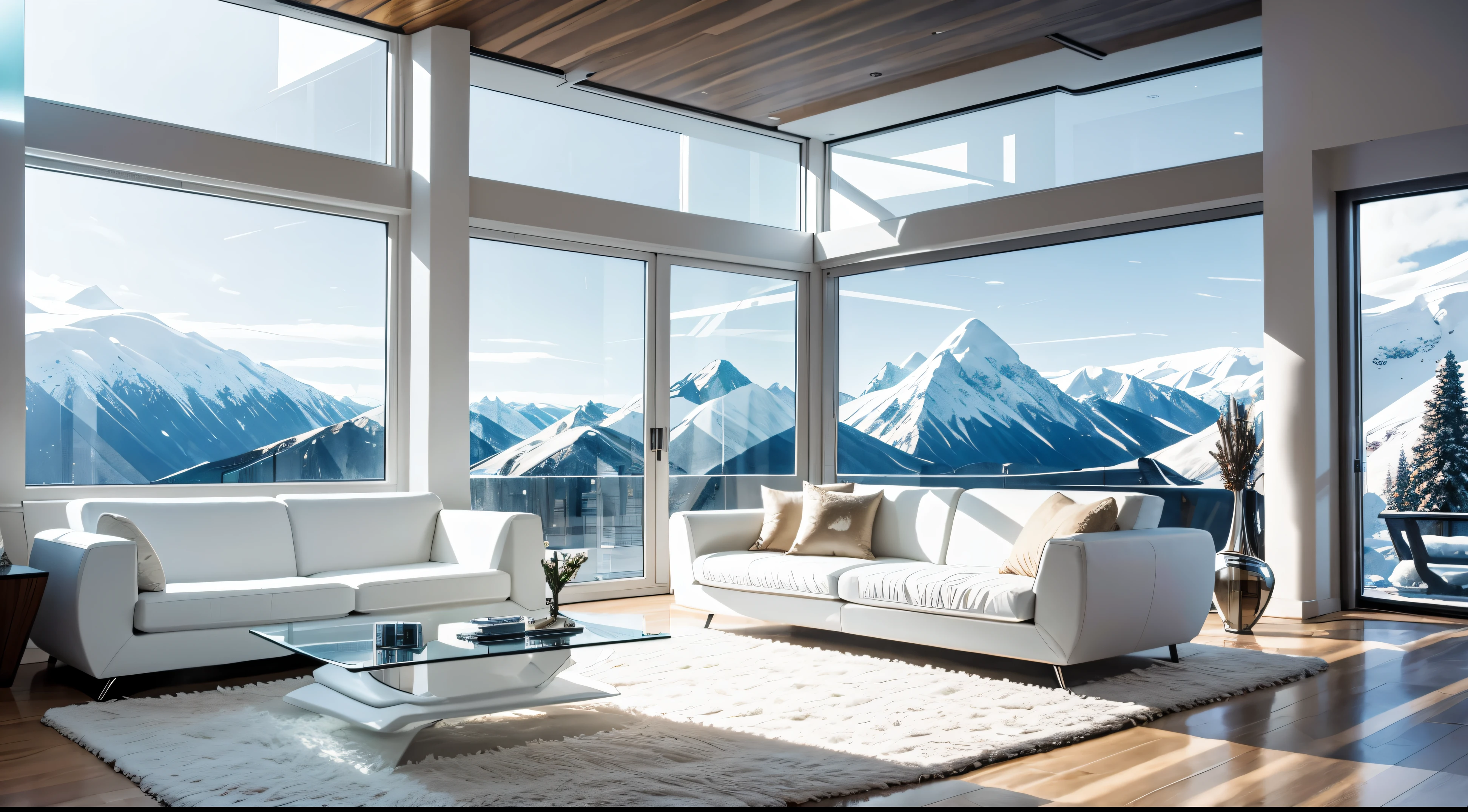 Interior futuristic design, amazingly detailed wide angle architectural photography, cozy designer living room (warm bright sunlight 1:0.1), parquet, white carpet, landscape, large white futuristic sofa, sourranded by large windows with view of mountains with snow, glass low table in a corner, 2 small statues of ancient indian goddesses