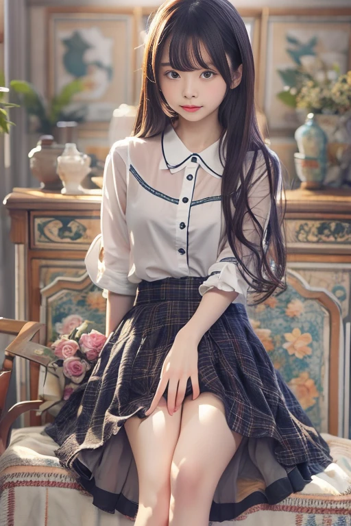 (upper body) ,　手は画像サイズ外、 masterpiece , top quality , very detailed , 1 person, (contrasting eyes) , standing , blouse, skirt , bangs , room , indoor