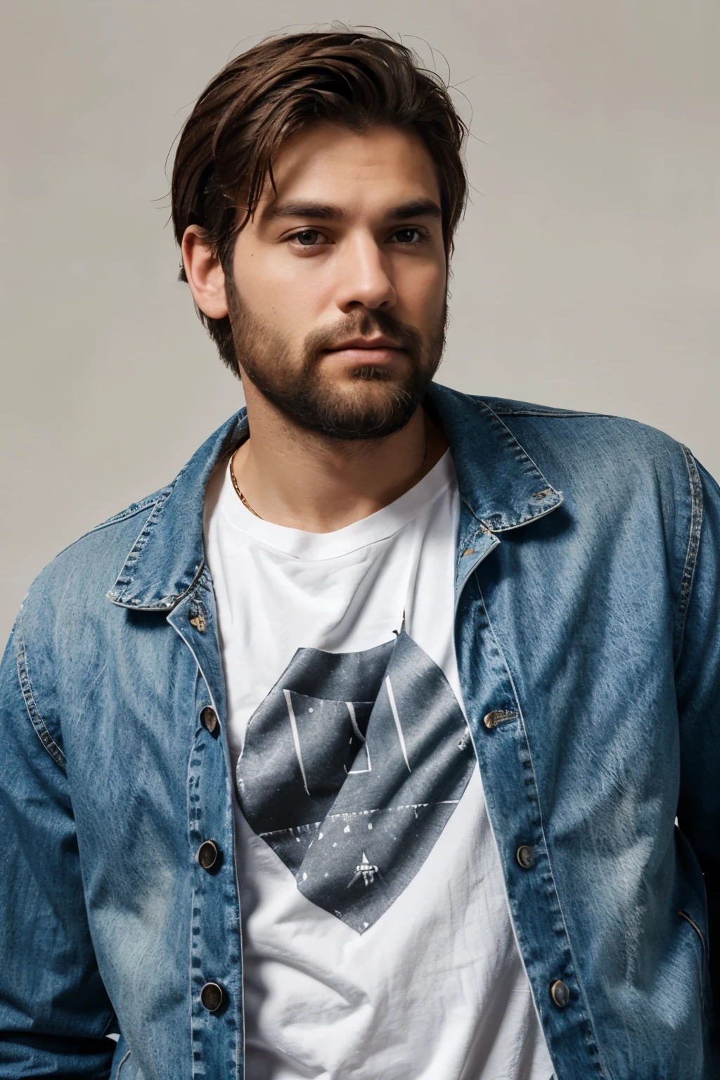 light beard men with medium hair and jean jacket with t-shit , plain white background