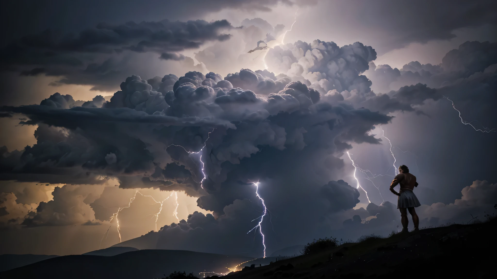 Zeus mitologia grega, Zeus de corpo inteiro, Zeus levitating in the sky with storm clouds, Zeus no meio das nuvens, Zeus realista, zeus no meio dos raios fortes, Tom de pele de Zeus refletido nas nuvens, tom de pele azulado, raios nos olhos , Olhos fortes e brilhantes, forte brilho nos olhos, Zeus with a golden crown on his head, Deus grego Zeus, Corpo musculoso de Zeus, electrical discharges coming from your eyes, lightning coming out of his eyes, Zeus releasing lightning from his hands, strong electrical discharges coming out of his hands, Nuvens de tempestade ao fundo, lightning coming out of the clouds, storm clouds with lots of lightning, storm clouds with strong lightning, Lots of lightning and lightning in the background, relâmpagos e lightning coming out of the clouds, strong electrical discharges, Nuvens escuras, fundo escuro, Imagem Ultra HD