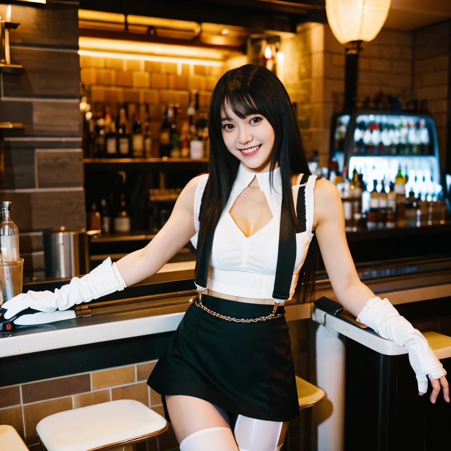 Tifa Lockhart, masutepiece, Best Quality, defTifa, White crop top, elbow pad, Fingerless gloves, suspenders, pencil skirts, Upper body, Looking at Viewer, Leaning forward, Smile, a bar counter, City at night