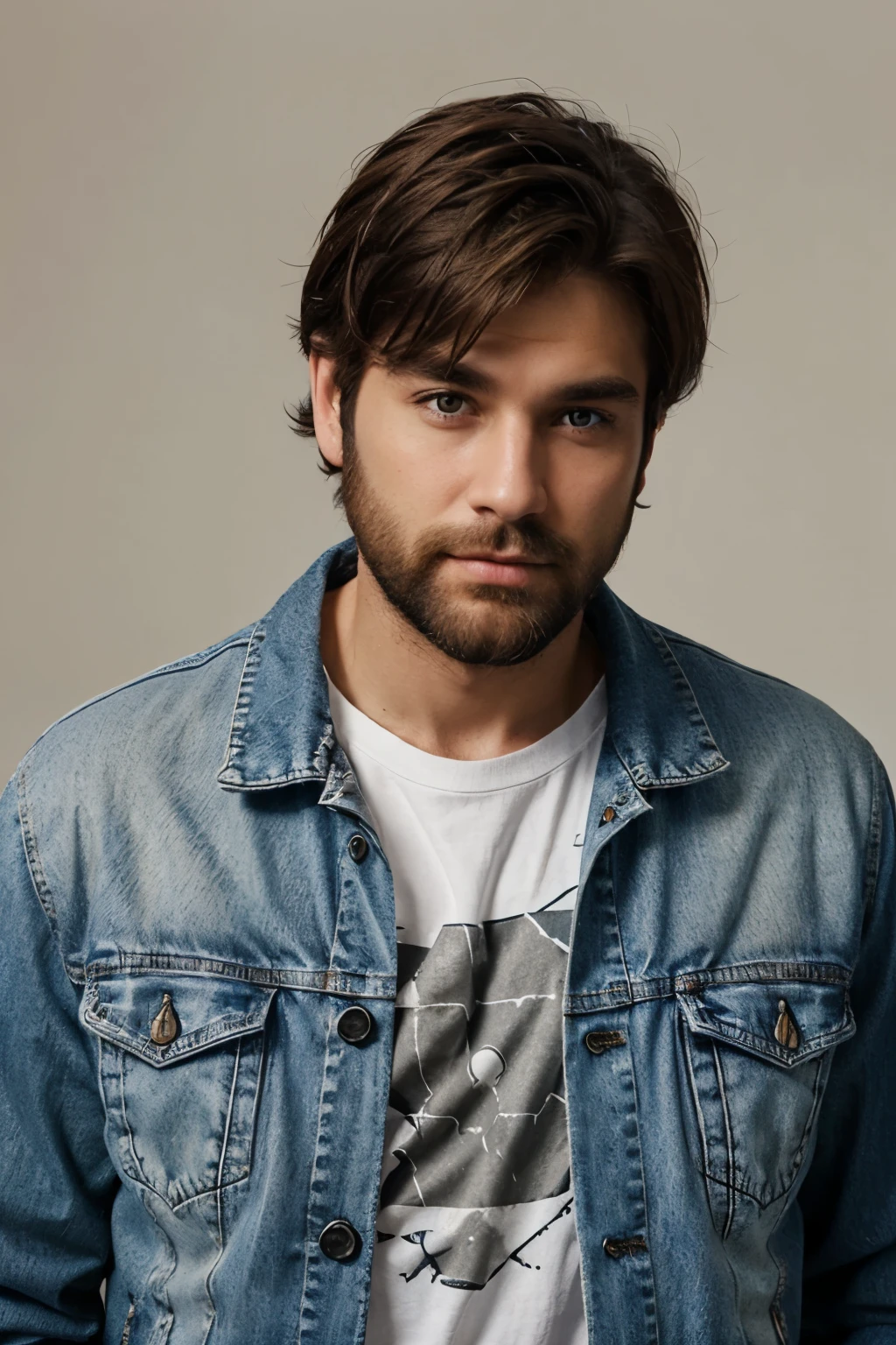 light beard men with medium hair and jean jacket with t-shit , plain white background