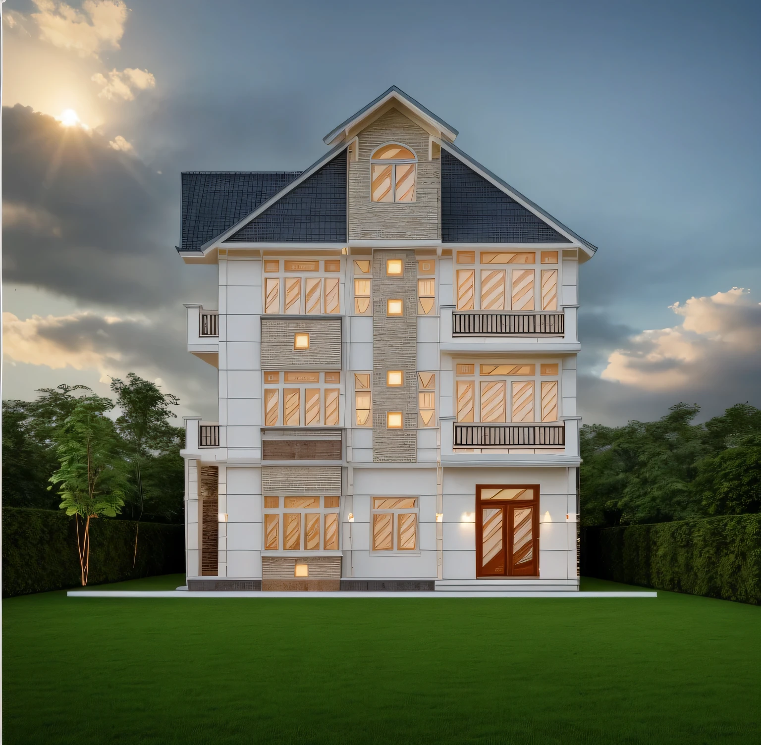 Exterior of house, (style vietnam:1.2), Mable decorations, front yard, (stone and grass path :1.1), (tree:1.1), sky, cloud, morning weather.