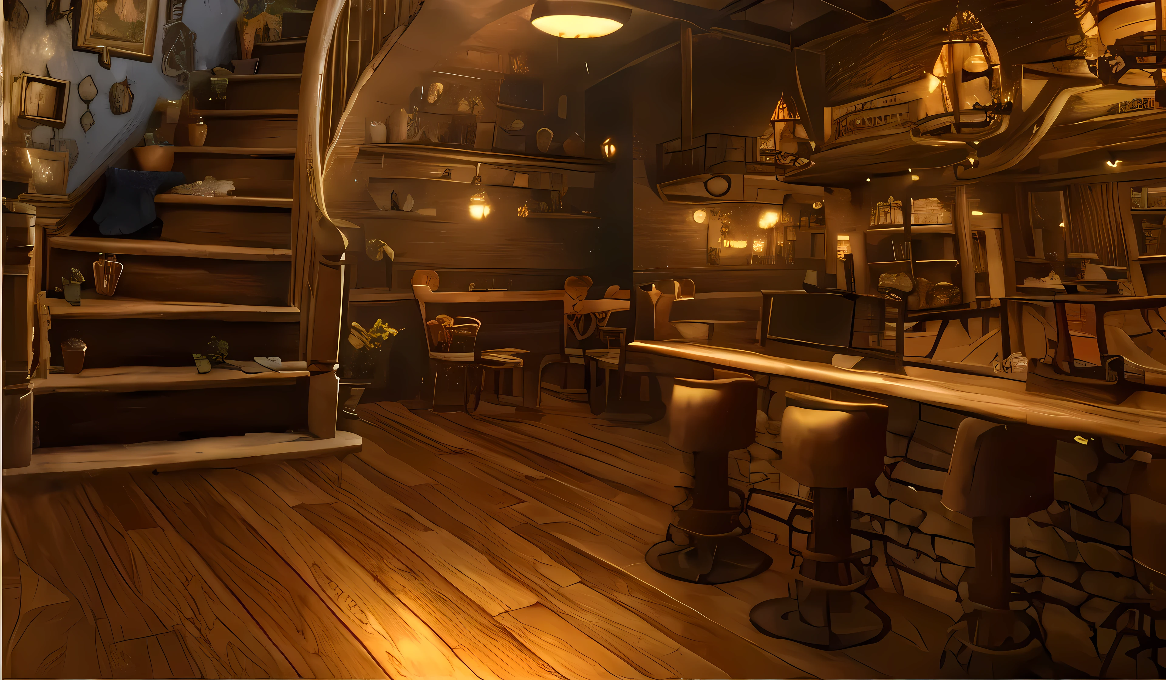 have a room,有stairs,There was a table and chairs, fantasy Bar background, Bar background, cozy bistro, speakeasy Bar background, bioshock infinite style, 详细的lamp光和纹理, detailed textures and lighting, BioShock Infinite art style, Bar background, Inside the tavern, cozy cafe background, steampunk factory background, original,Very detailed 8K wallpapers,{very delicate and beautiful},{best quality},{{masterpiece}},{high resolution},original,Very detailed 8K wallpapers,{very delicate and beautiful},,intricate details,indoor,Wrought iron tables and chairs,ironwork,lamp,pipeline,inns,stairs,Iron handrail,old,cash register