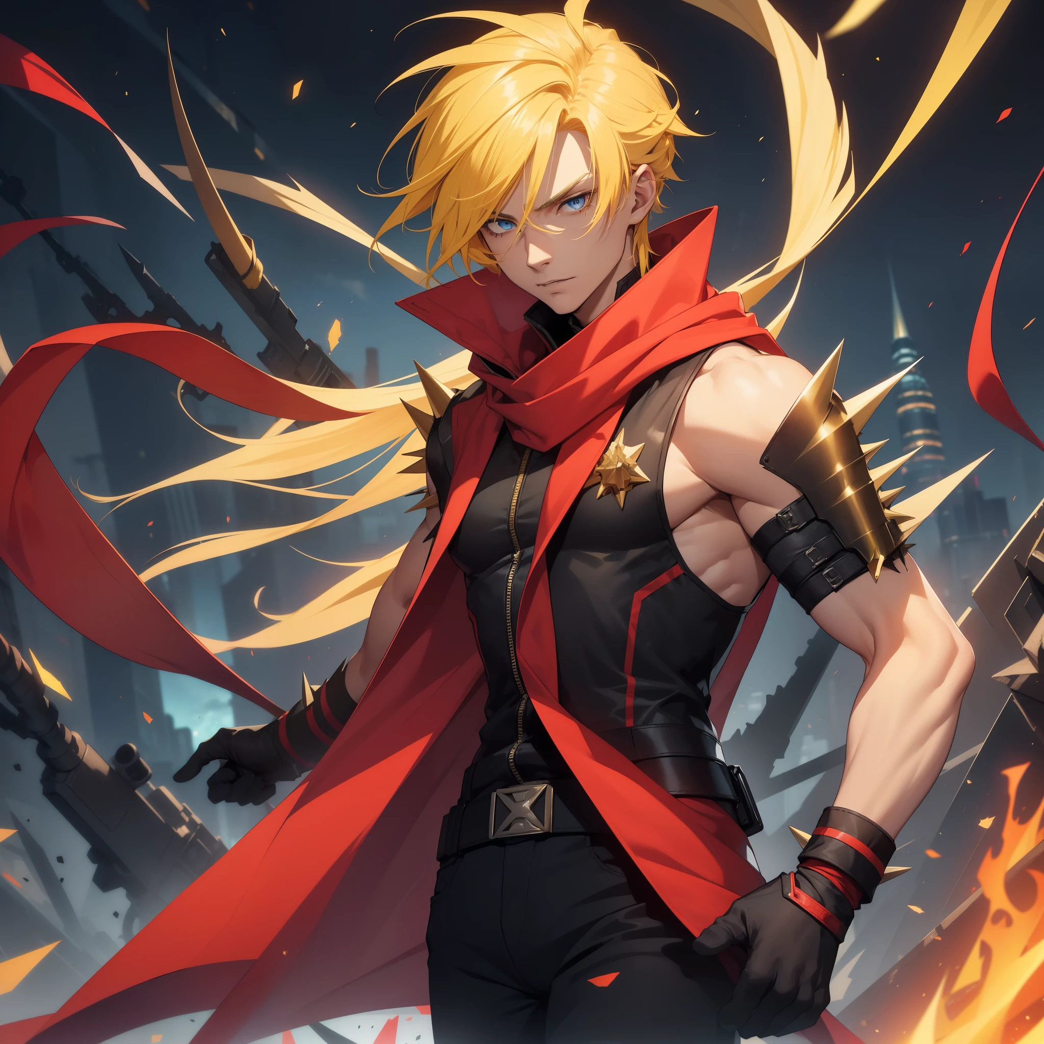 (26 years old), (male), Yellow hair, (Blue eyes), Spiky, red scarf, red hoodie vest, sleeveless, black pants, black gloves, slim, up to legs, intimidating aura