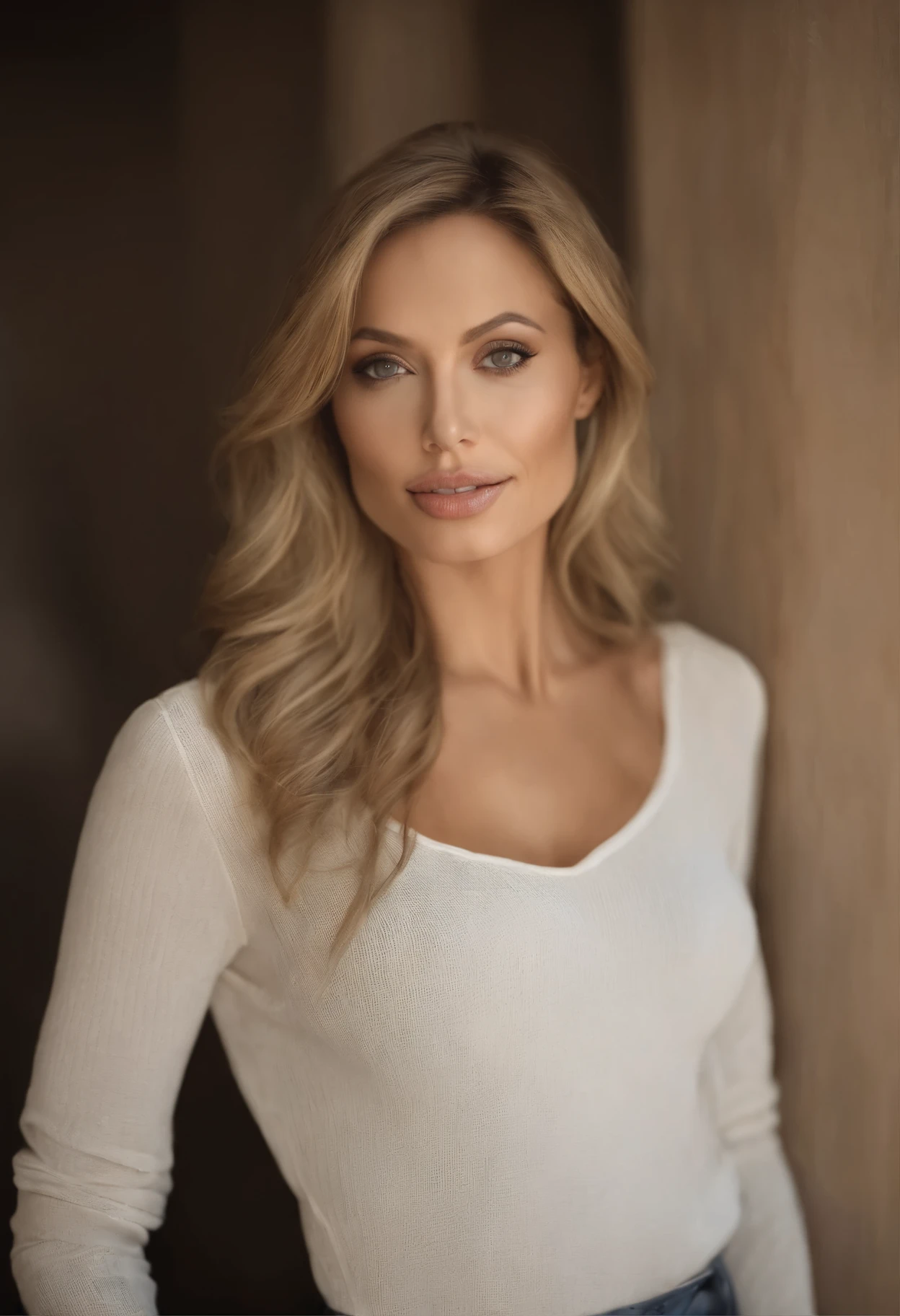 Portrait of a girl, Sexy Girl with Brown Eyes, Portrait of de Corinne Kopf, Portrait of Angelina Jolie blonde hair and big eyes, Selfie of a young woman, Makeup Without, Natural Makeup, Looking straight into the Camera, Face with Artgram, dezentes Makeup, Excellent full-length photo, In the room, Big breasts, Blonde milf, Latina, Chest exposed, Shirtless