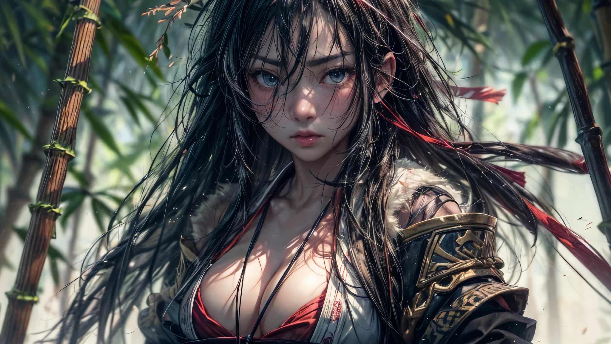 4K, realistic, highly details, dark night, Sad face, tear, scream, There is a girl in the bamboo forest, she is a samurai, super big, big bust, A Japanese sword with a delicate-looking edge, war theme, soft clothes, long hair, Putting your forehead against the sword, wearing a bikini, 25 years old, whole body,