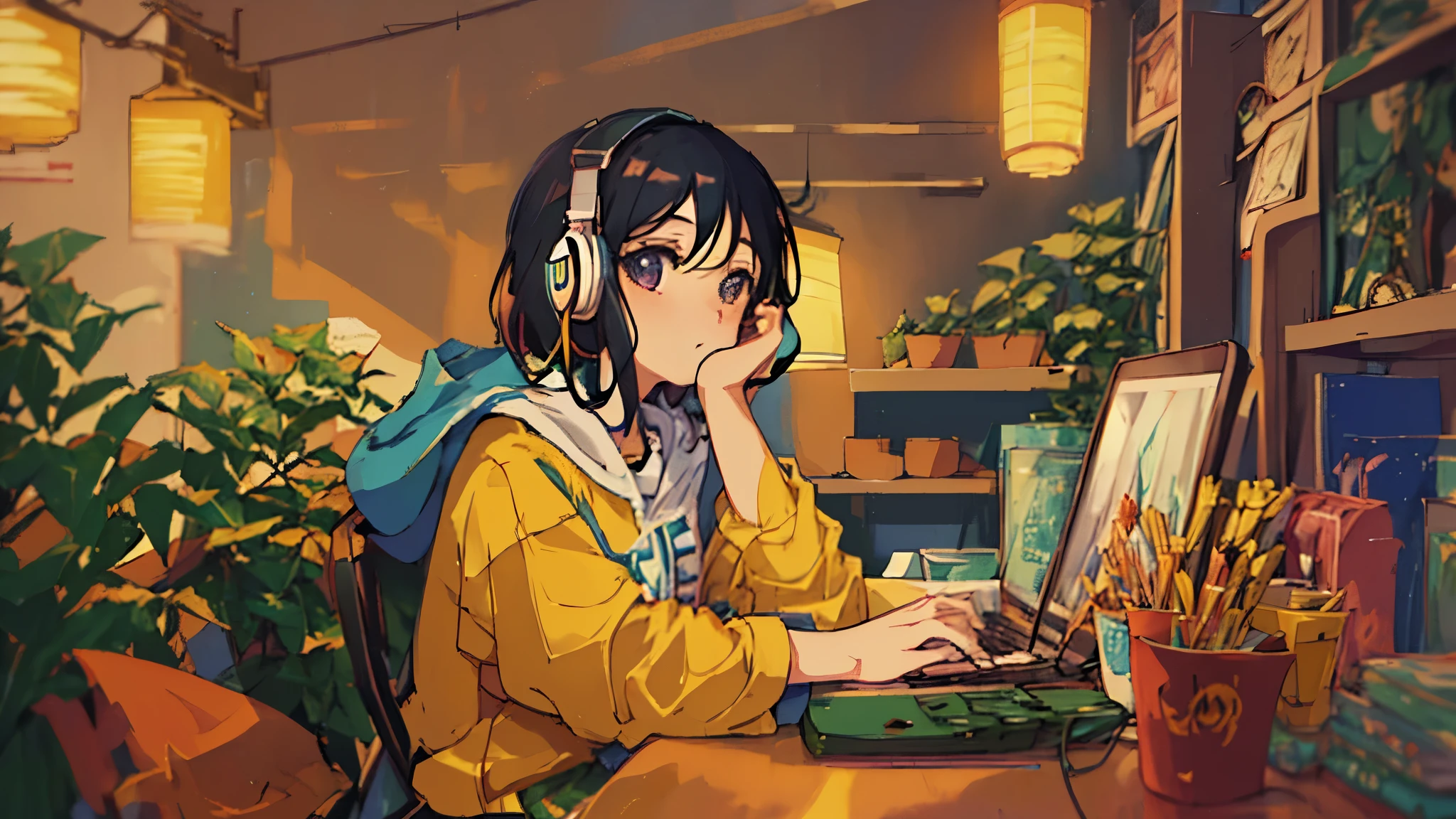 anime girl sitting at the table with laptop and headphones, an image inspired by Satoshi Kon, in Rio de Janeiro, tumblr, art nouveau, lofi girl, lofi artstyle, lofi girl aesthetic, lofi art, lofi hip hop, lofi colors, lofi feel, lofi, lofi vibes, lofi aesthetic, lofi vibe, lofi portrait --auto --s2