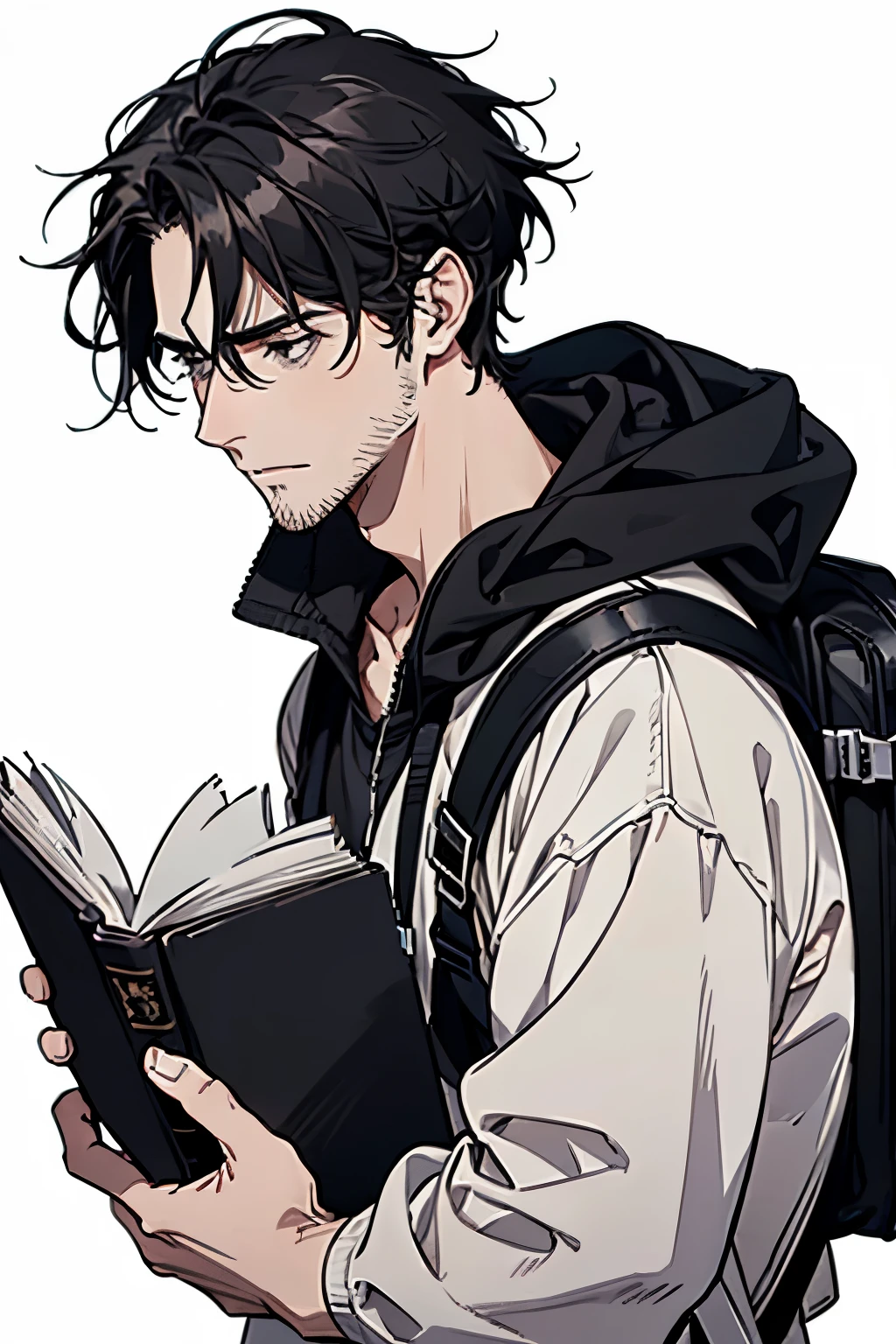 A man, unkempt, tired, haggard, stubble, bags under the eyes, untidy, disheveled, black hair, stubble, pale, white background, black circles, black eyes, book, backpack, hunched back