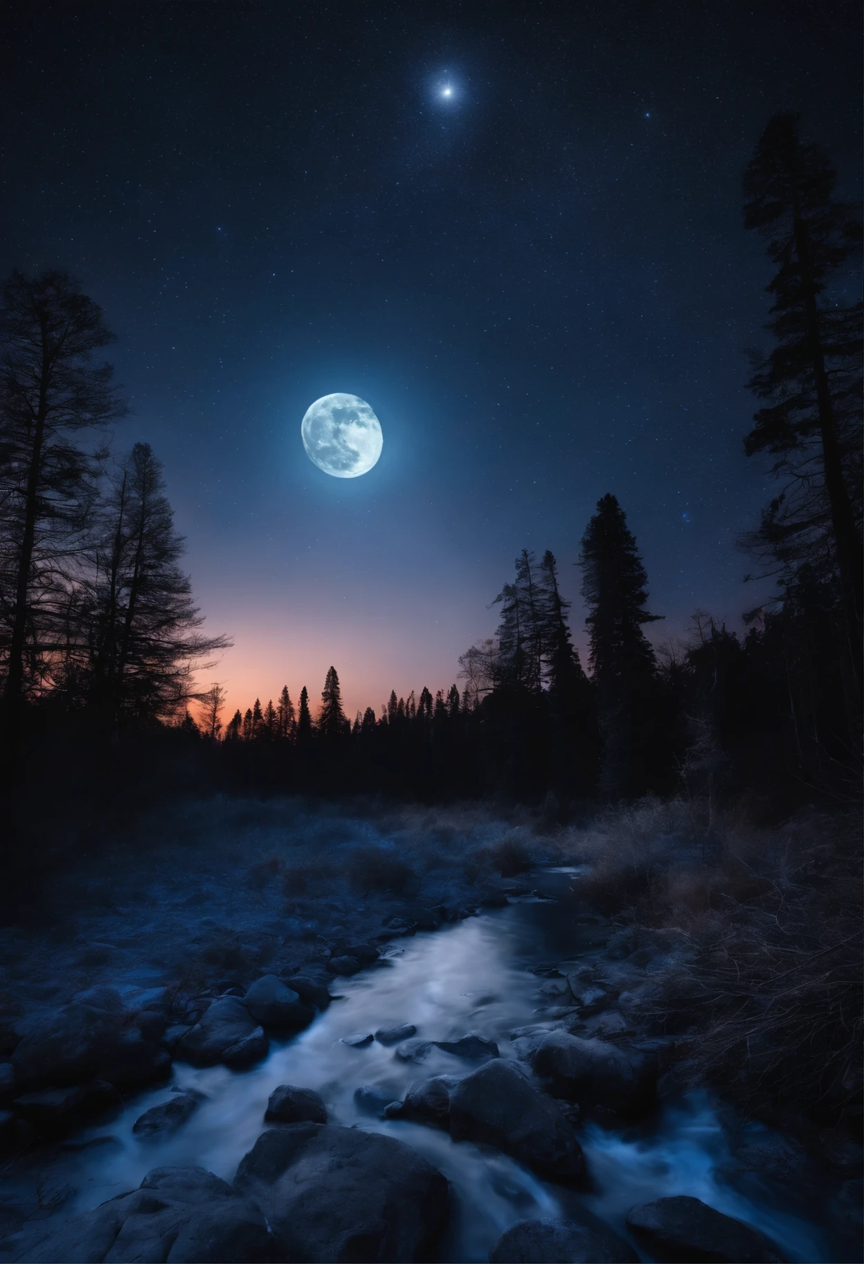 Forest Night Moon Blue Stars on sky