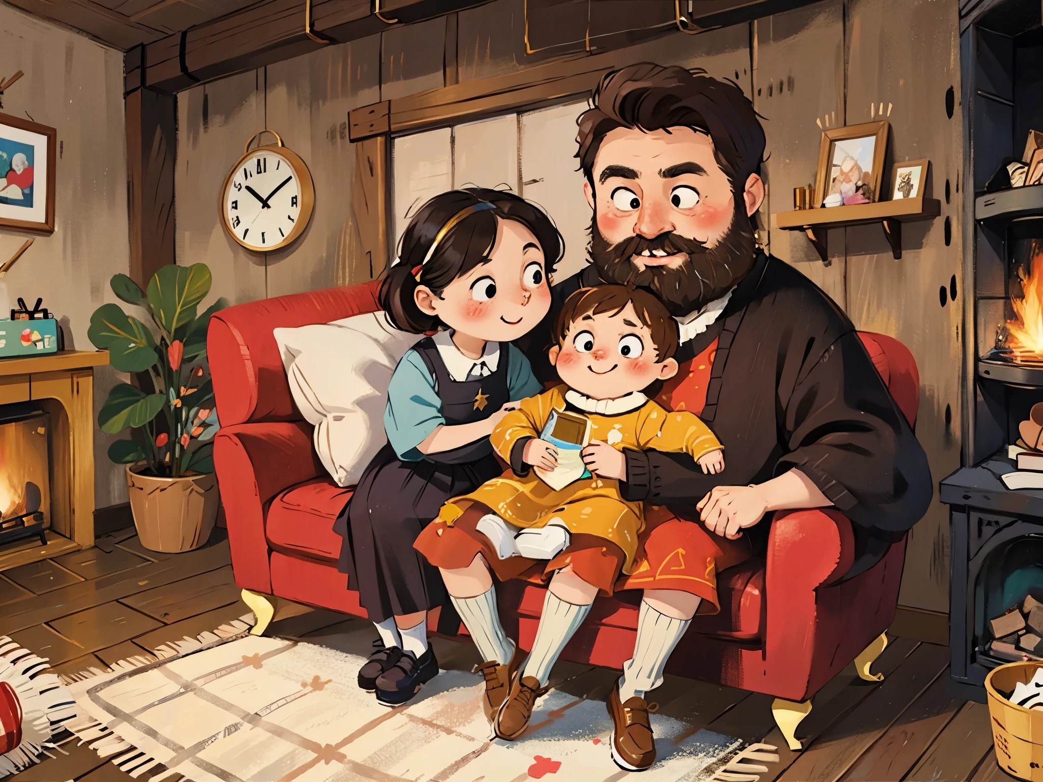 Crayon painting, abstract, a home full of love and warmth, a bearded father sitting on the sofa, holding a 5--old , gentle mother standing beside him, smiling, medieval clothing, living room, sofa, carpet, wooden floor, children's illustration, illustration book, style reference Anthony Browne, writer Anthony Browne