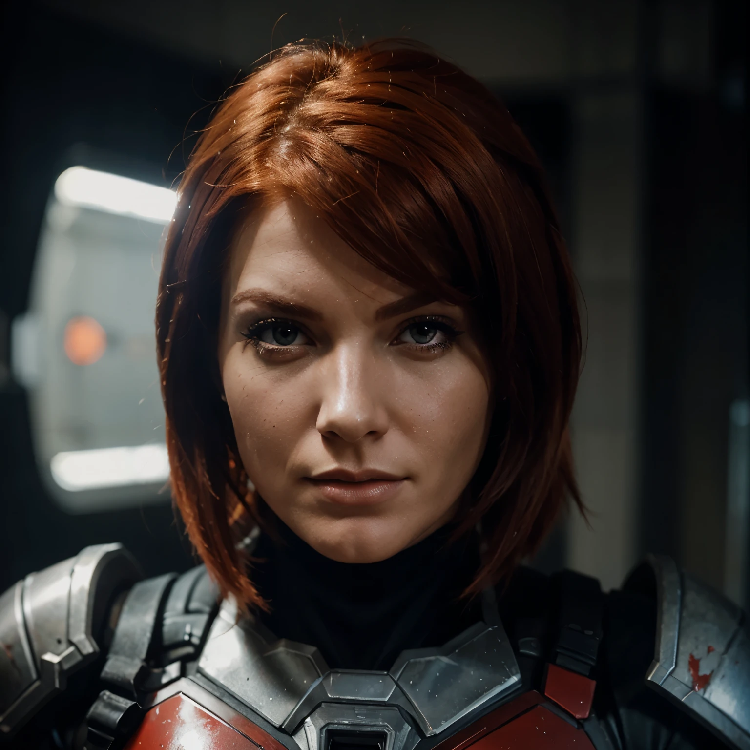 Red head femshep, up close portrait, damaged armor, scifi background, muscles