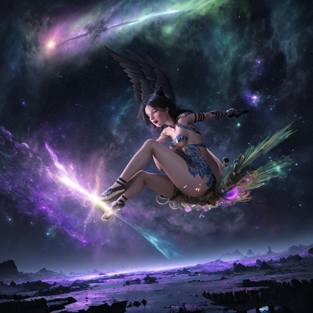 (best quality,4k,highres,masterpiece:1.2),ultra-detailed,realistic:1.37,sexy witches,broomsticks,racing through space,chasing a green comet,winged black cats observing,naked tape,sensual,enthralling,cosmic scenery,colourful cosmos,mesmerizing spectacle,seductive night sky,stunning celestial bodies,spellbinding energy,alluring magic,spell-casting,star-filled backdrop,mystical atmosphere,witches' intense focus,enticing movements,risque outfits,provocative allure,atmospheric lighting,gravity-defying stunts,thrilling competition,exhilarating speed,endless starry expanse,enchanted boundary between worlds,intense anticipation,unforgettable race,immersive experience,vibrant and captivating aesthetic,hypnotic color palette,elegant curves of broomsticks,nimble maneuvering,breathless excitement,infused with cosmic power,electrifying atmosphere,enchanted broom riding,adrift in time and space
