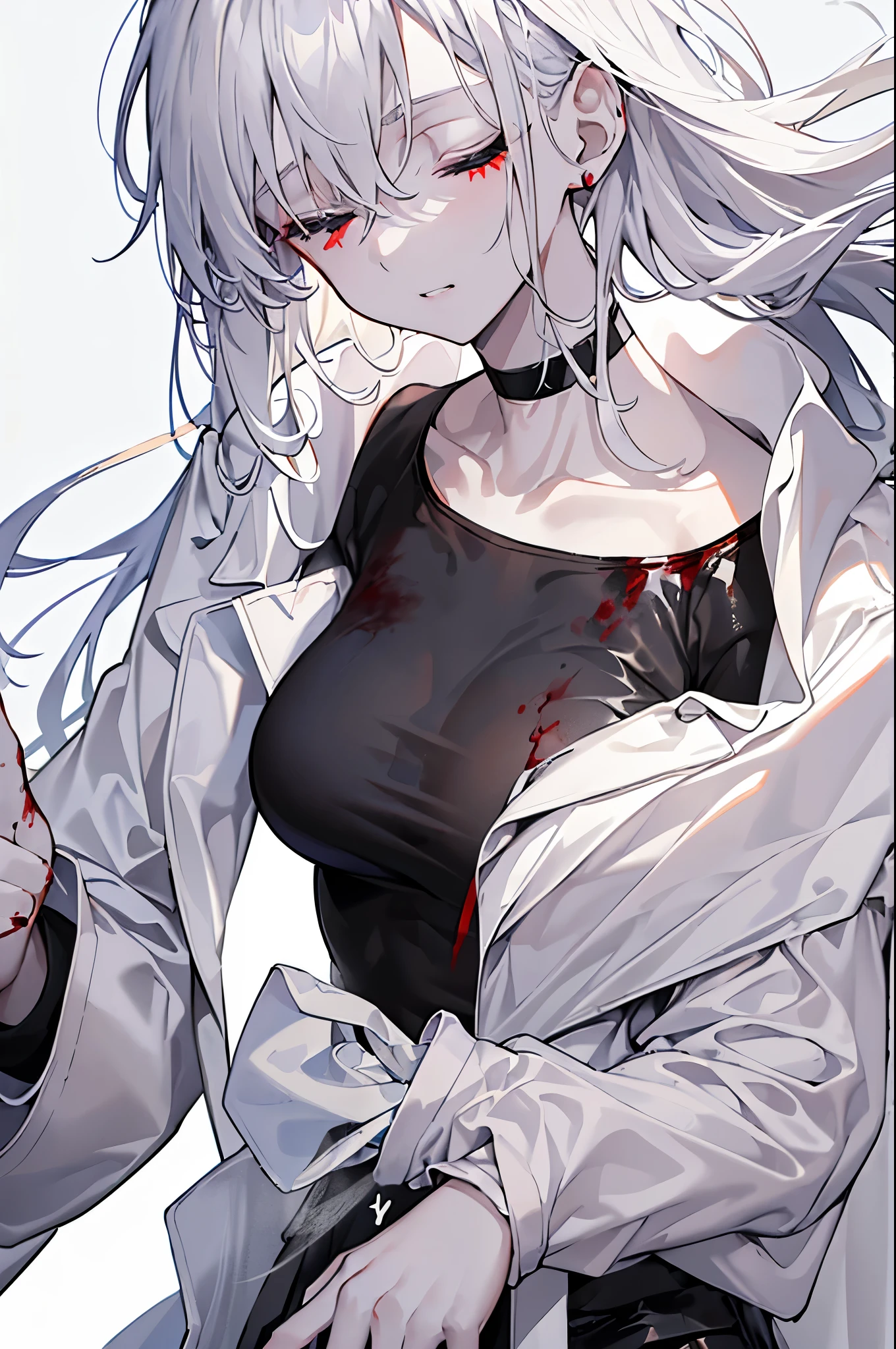 highres, highest quallity, 1girl, adult, solo_focus, solo, (chain:1.1), (bound:1.2), restrained, cuffs, handcuffs, (chained:1.2), breasts, sweat, dark room, (window:0.5),(empty eyes:1.2),(blank eyes:1.2),blood on face,cuts, neck_chain, seductive smile, open_mouth, tongue out, tank top, torn clothes, long hair, (hypnotized:1.2),