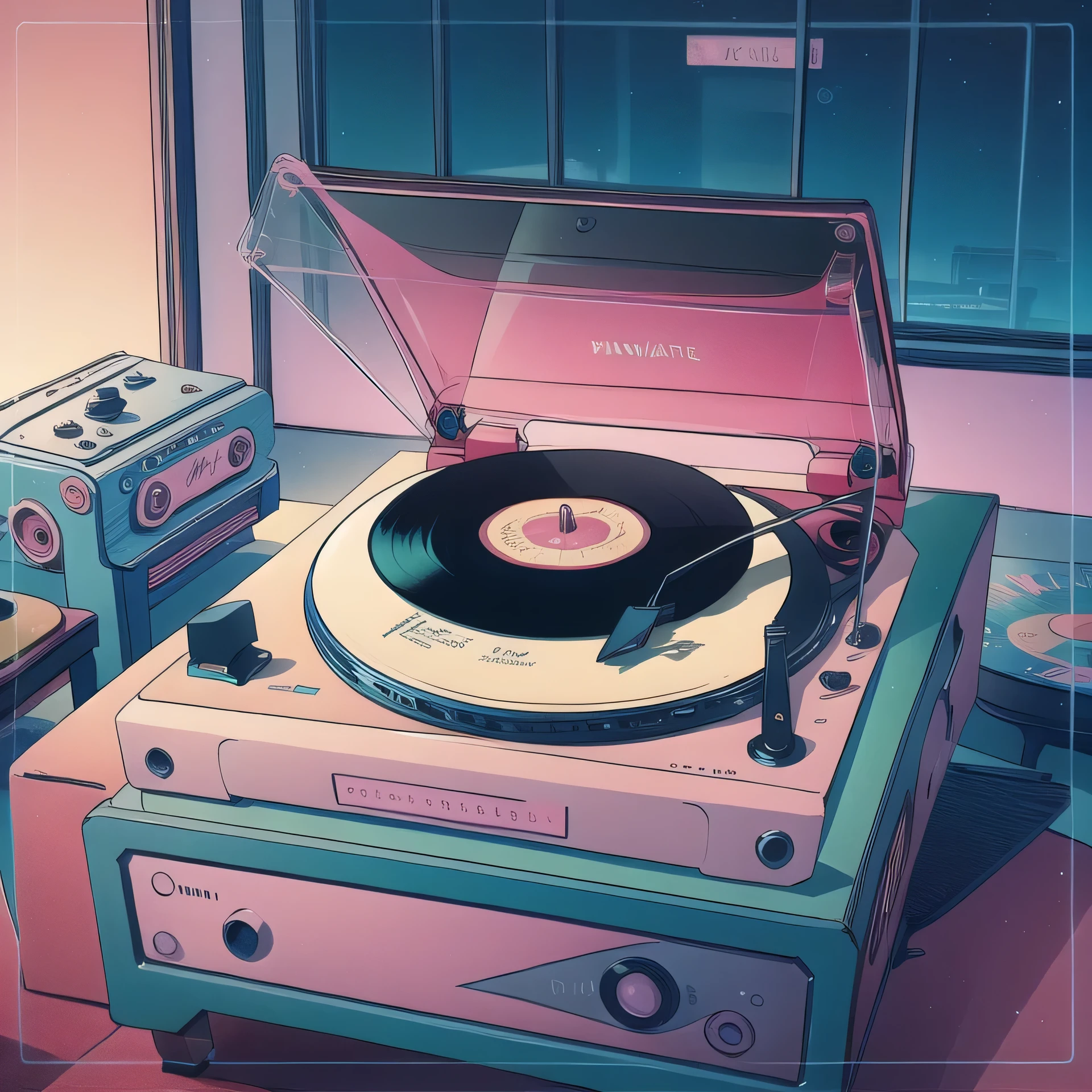 (masterpiece, best quality:1.2), fairyland, a vintage record player, needle, vinyl (symmetric)