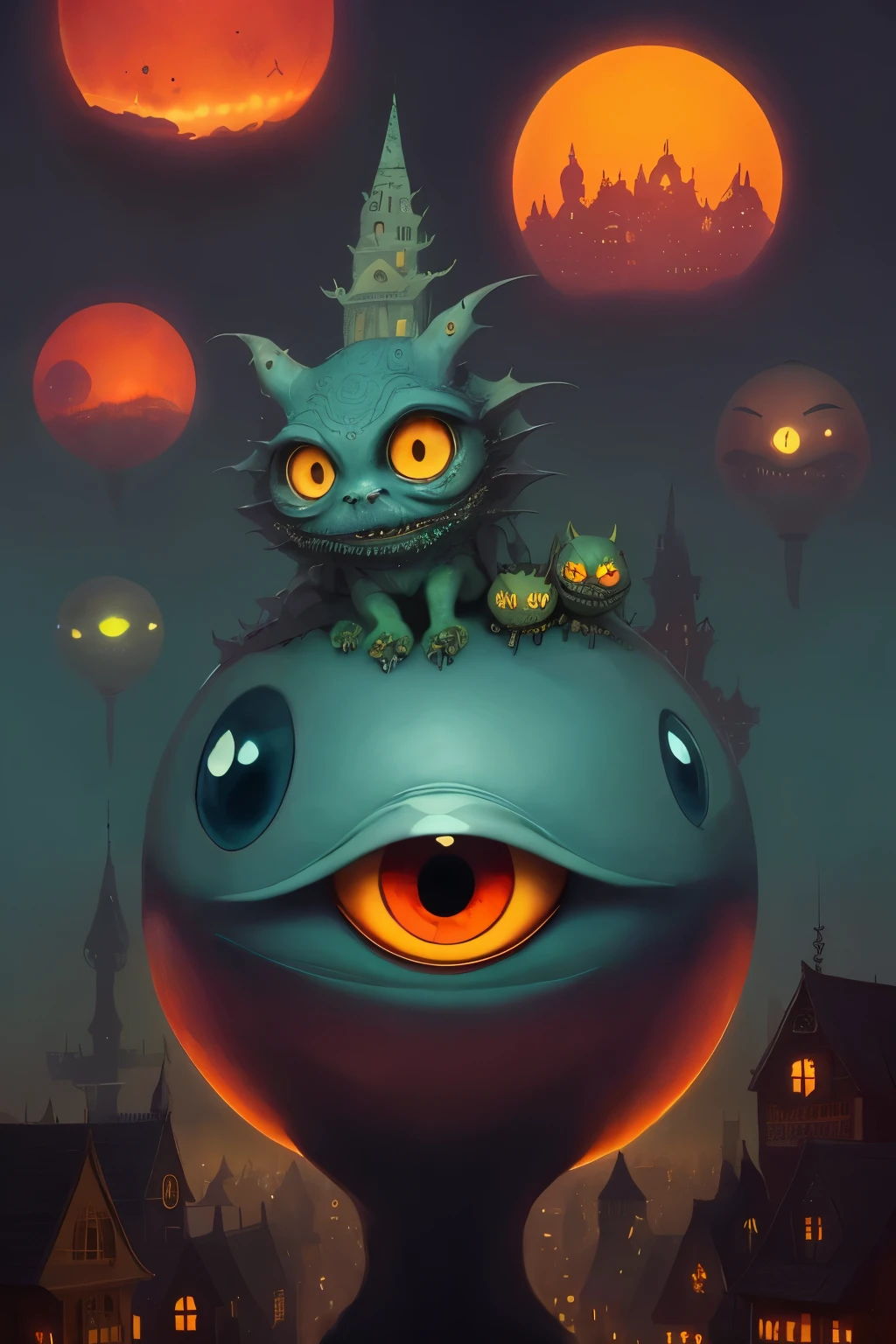 A weird looking scary monster with three eyes, in the style of intricate cityscapes, goro fujita, louis wain, spherical sculptures, tom chambers konica big mini, nanopunk